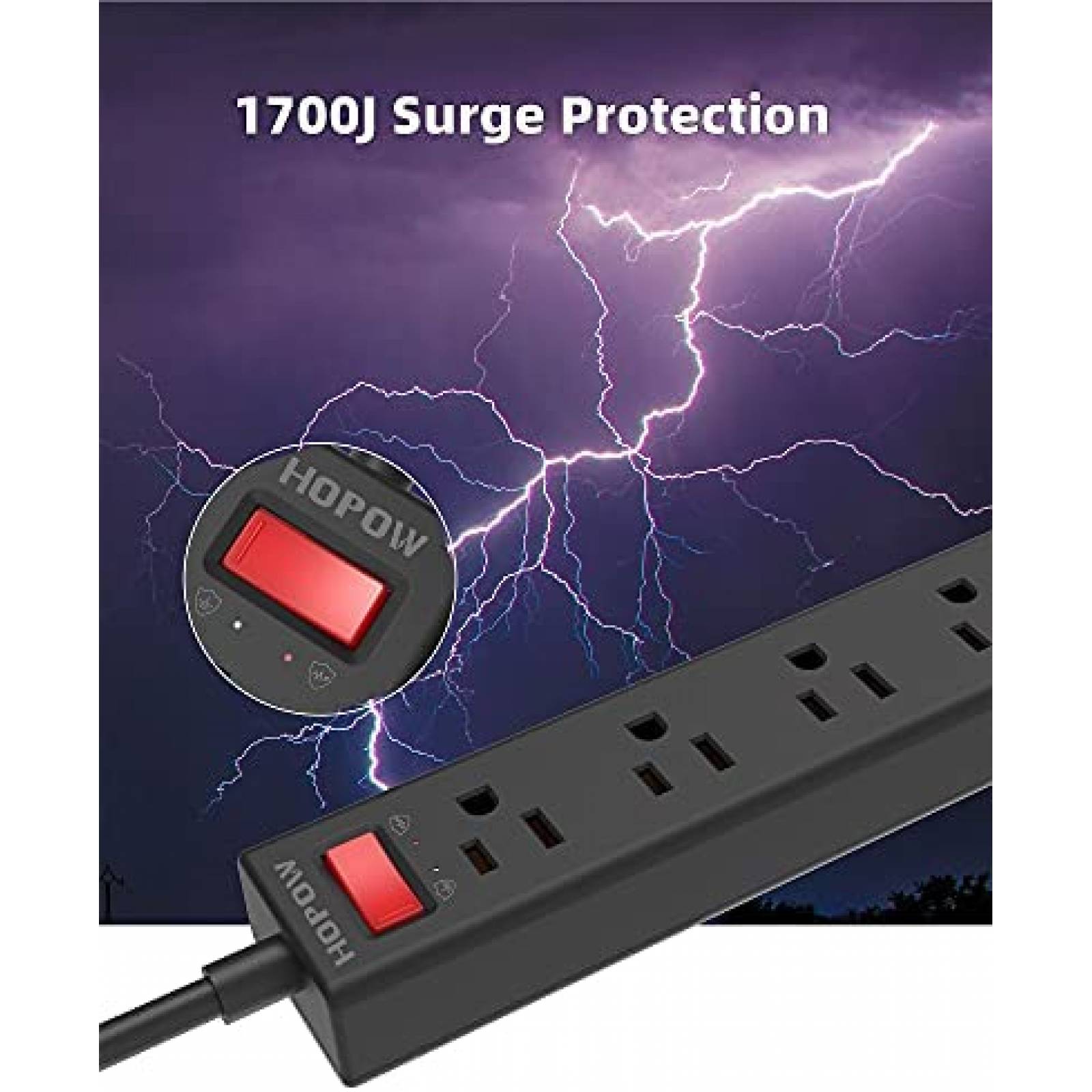 Multicontacto HOPOW 5 Salidas CA 3 USB 1700 Julios -Negro