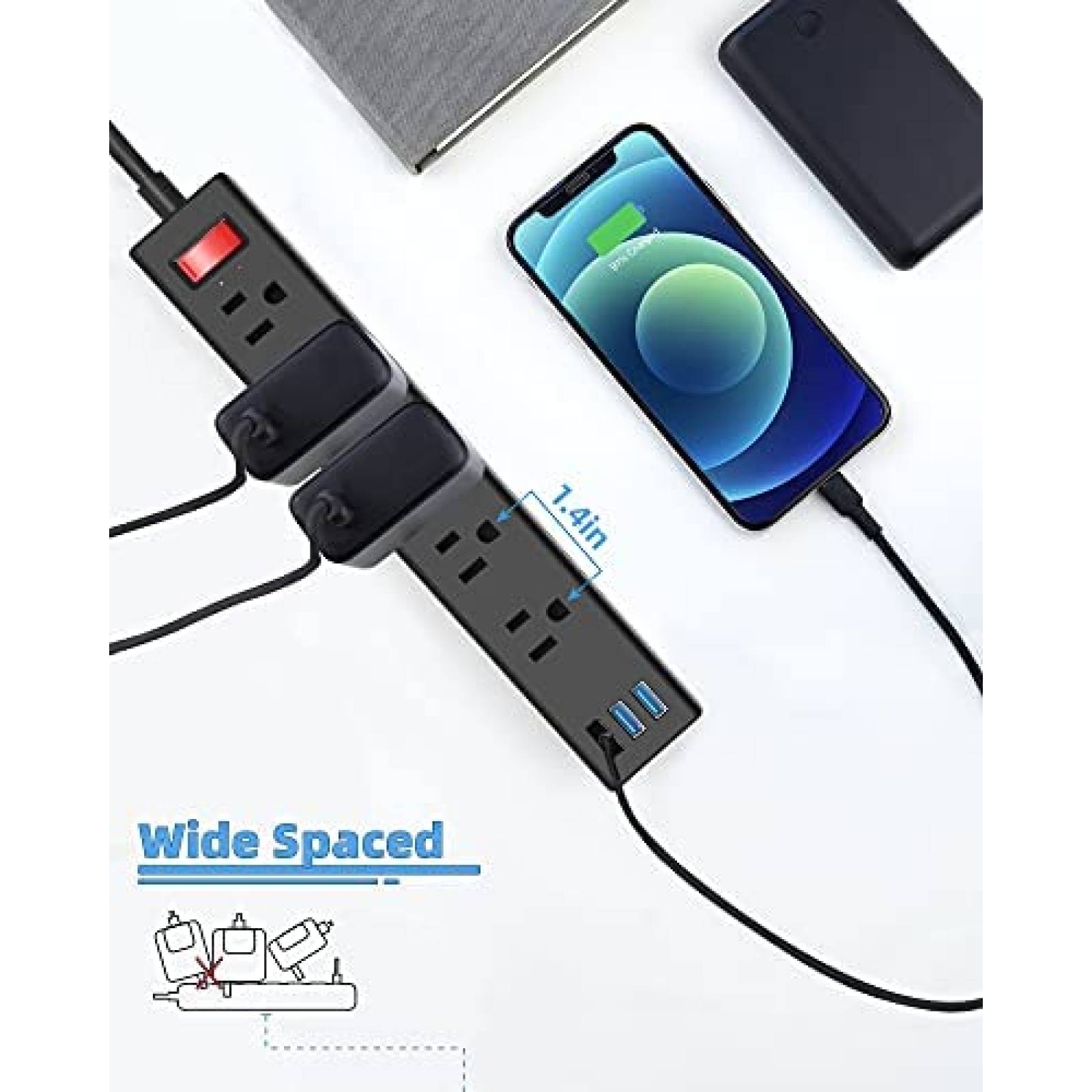 Multicontacto HOPOW 5 Salidas CA 3 USB 1700 Julios -Negro