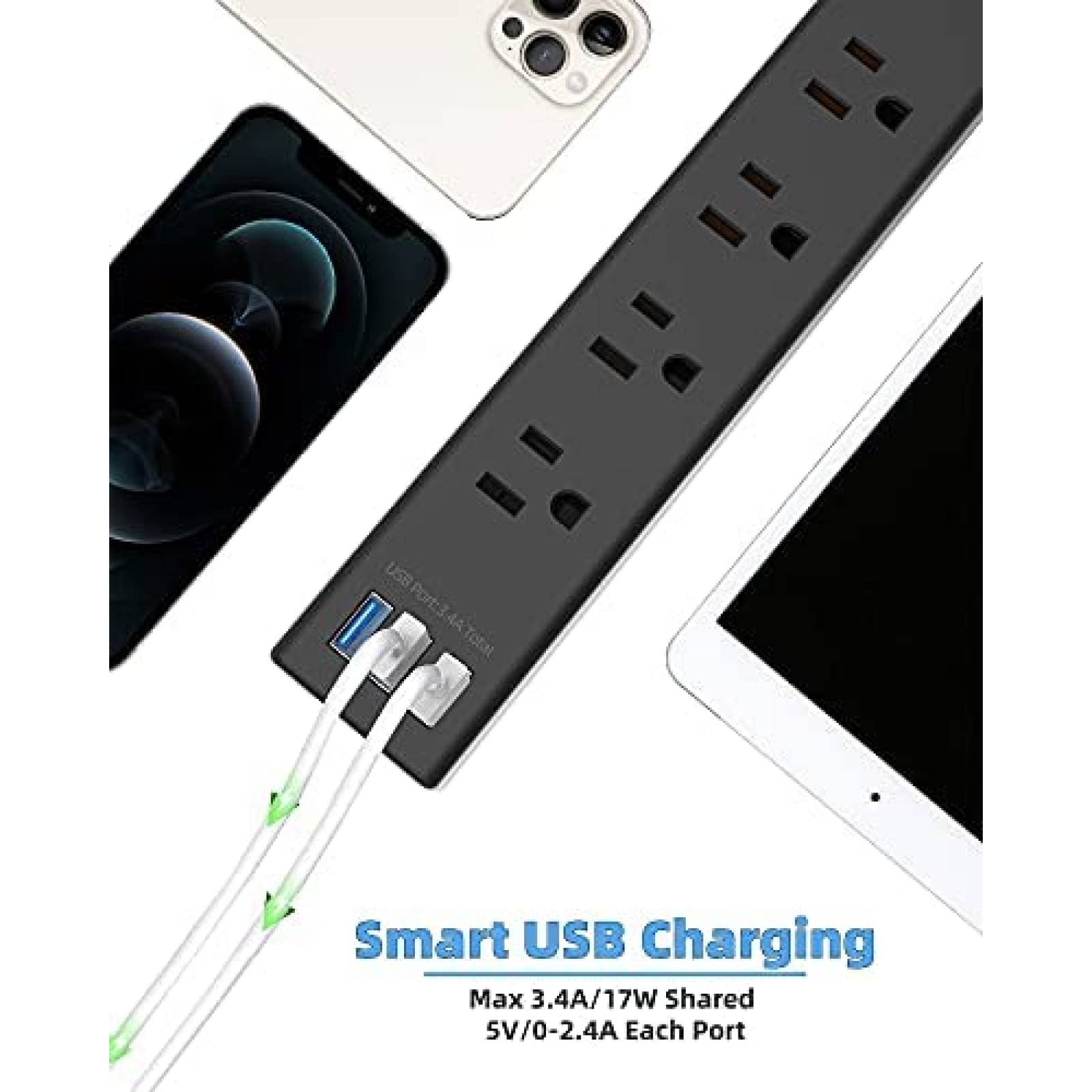 Multicontacto HOPOW 5 Salidas CA 3 USB 1700 Julios -Negro