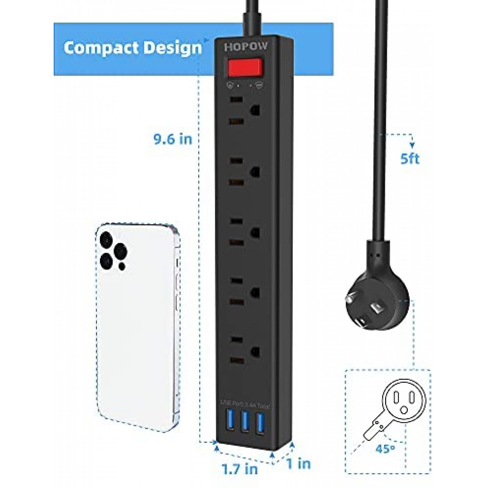 Multicontacto HOPOW 5 Salidas CA 3 USB 1700 Julios -Negro