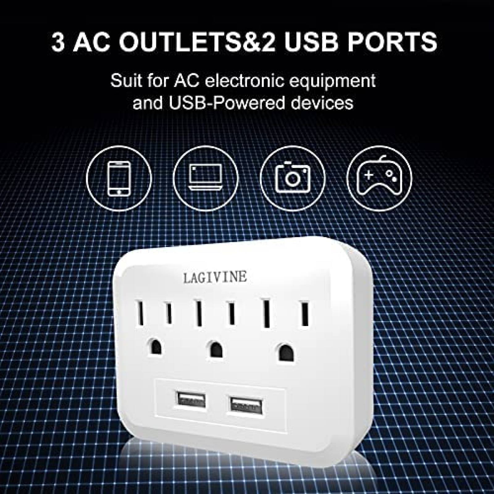 Extensor Toma de Corriente LAGIVINE 2 Puertos USB -Blanco