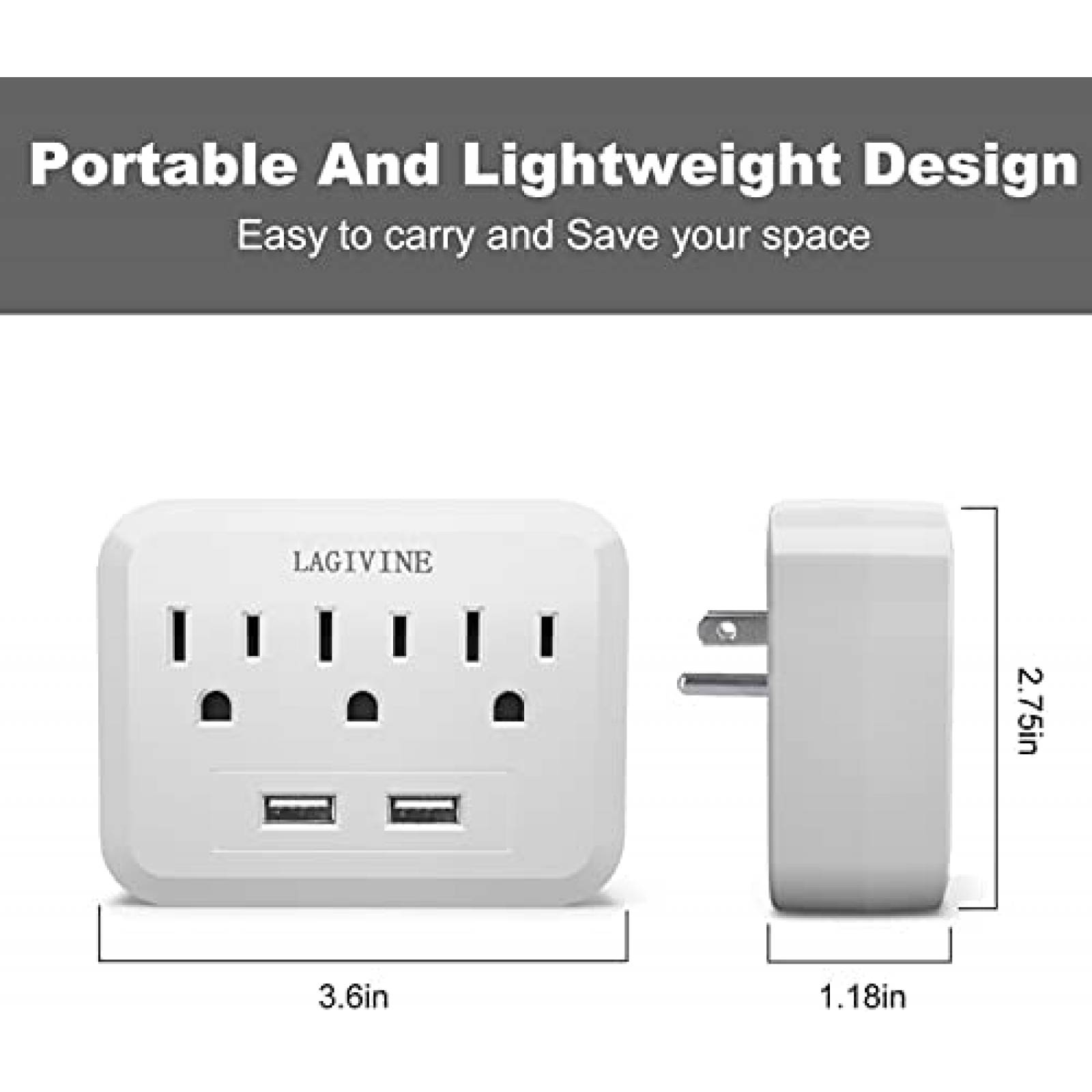 Extensor Toma de Corriente LAGIVINE 2 Puertos USB -Blanco