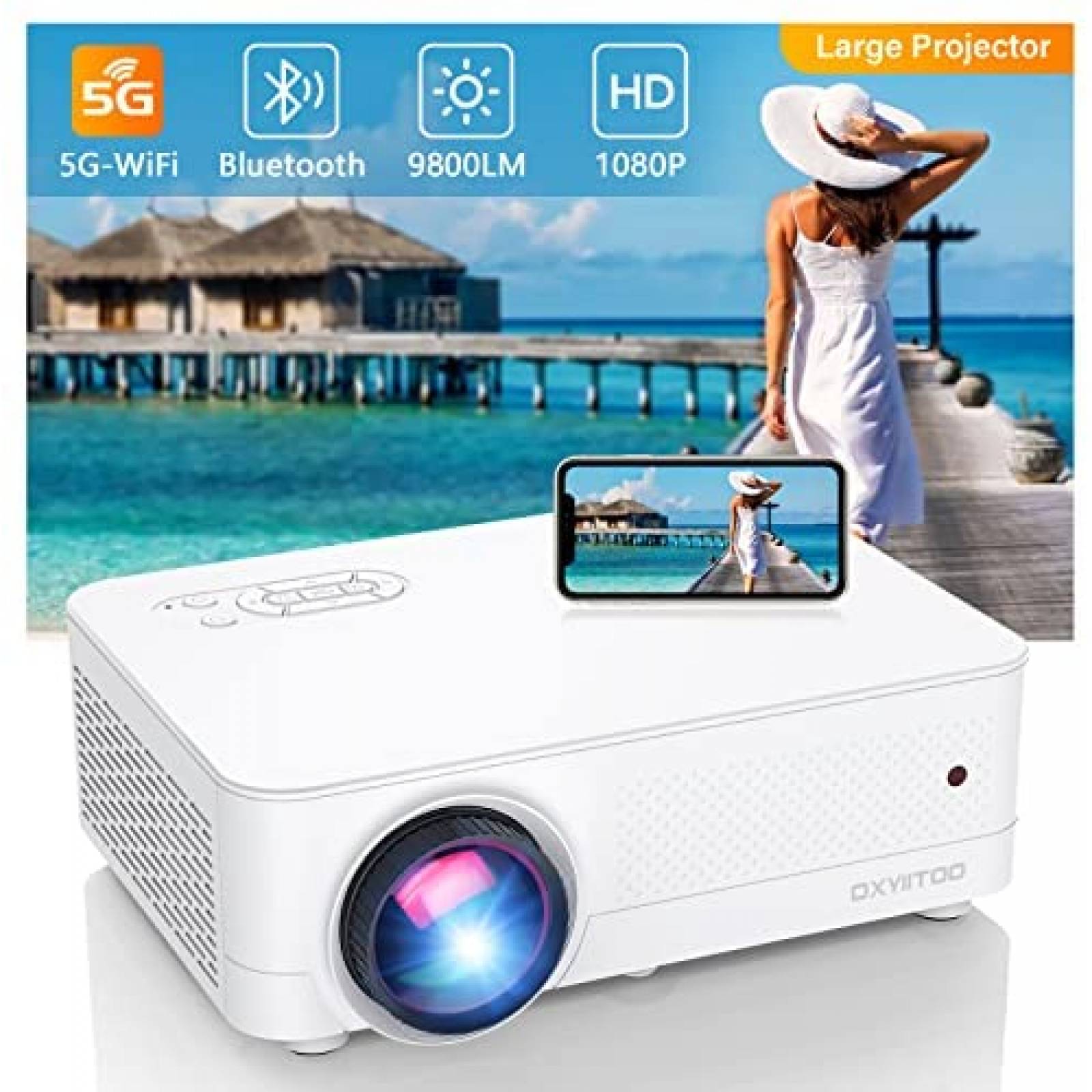 Proyector Dxyiitoo WiFi Bluetooth 1080P 450'' 4K -Blanco