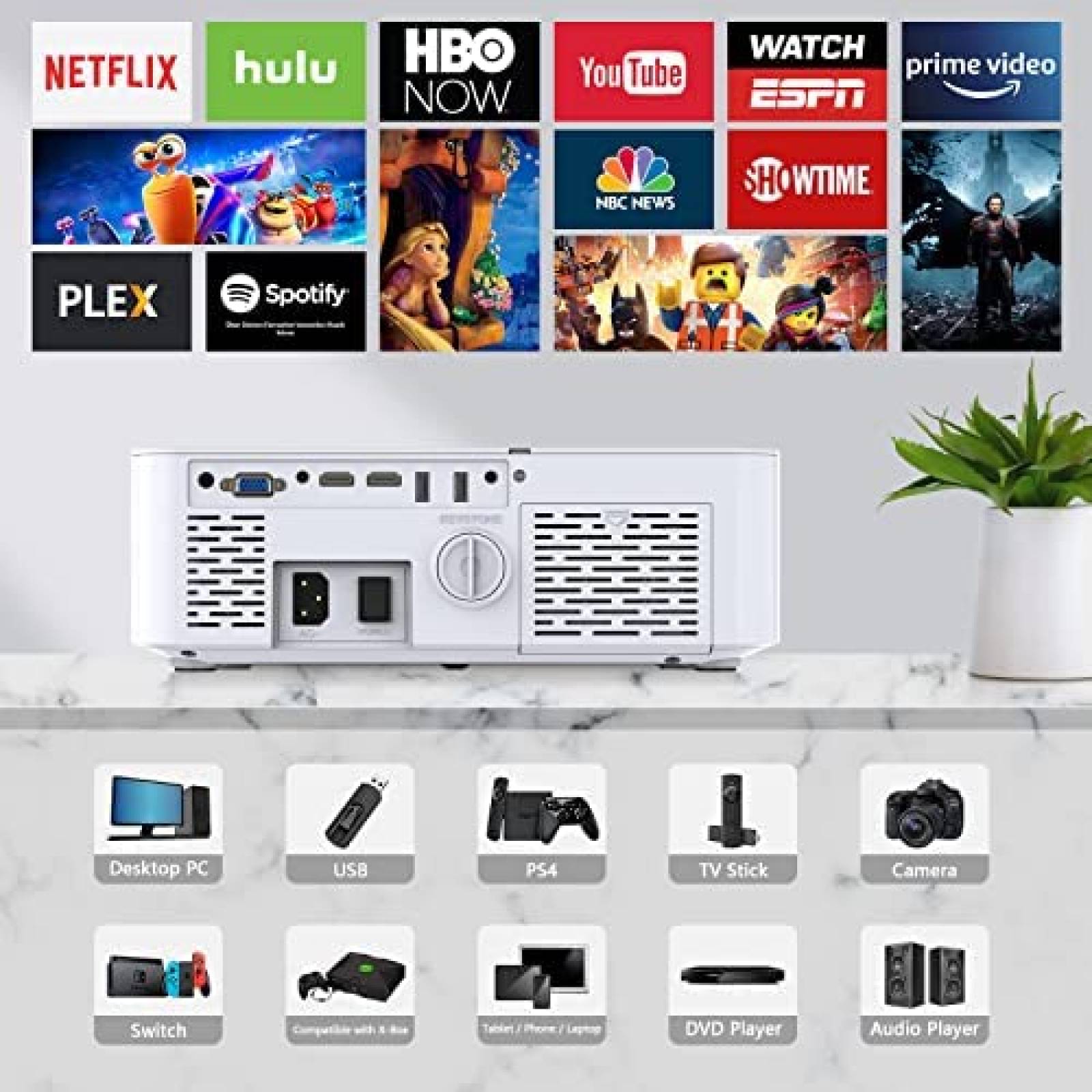 Proyector Dxyiitoo WiFi Bluetooth 1080P 450'' 4K -Blanco