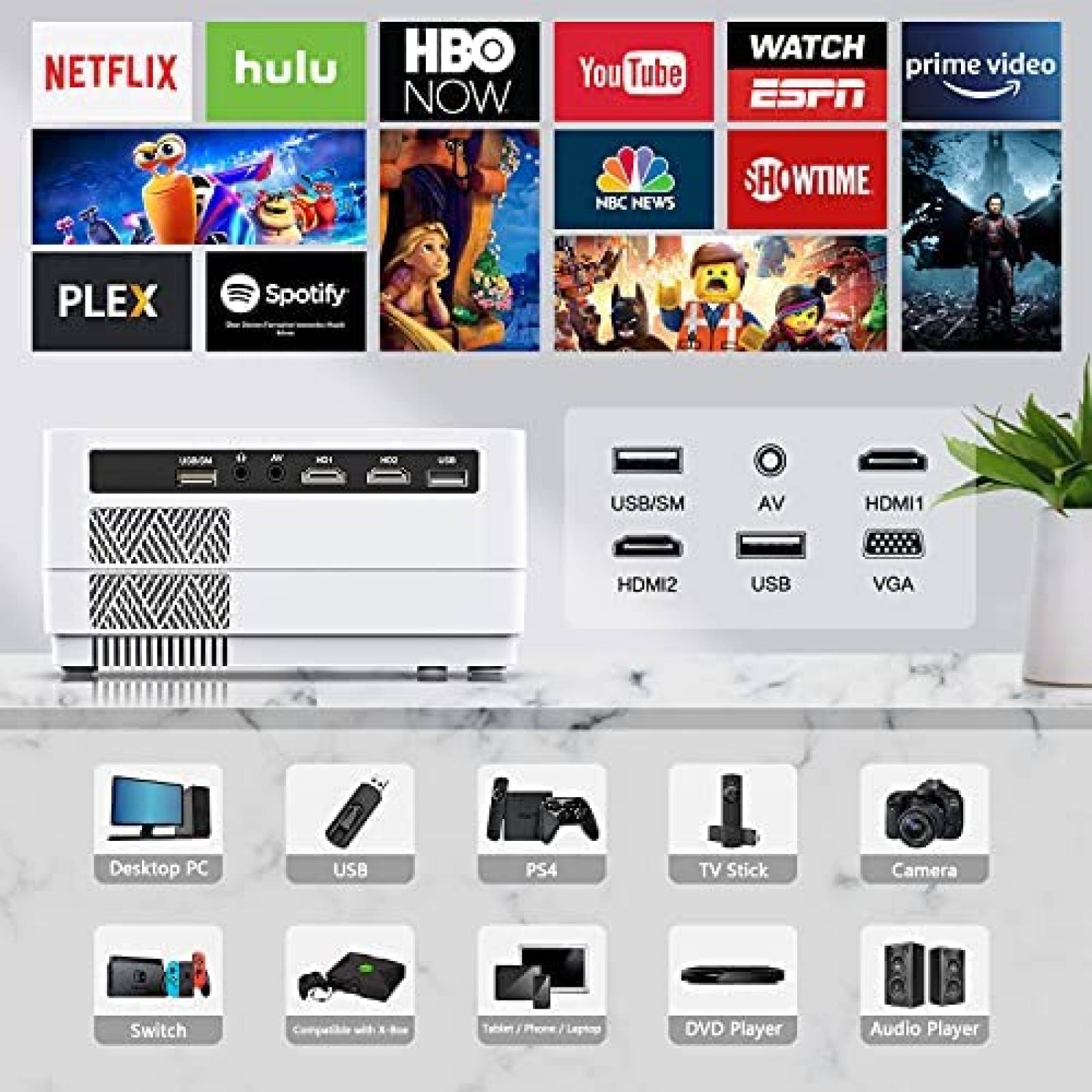 Mini Proyector Portatil Dxyiitoo Bluetooth 1080P Full HD