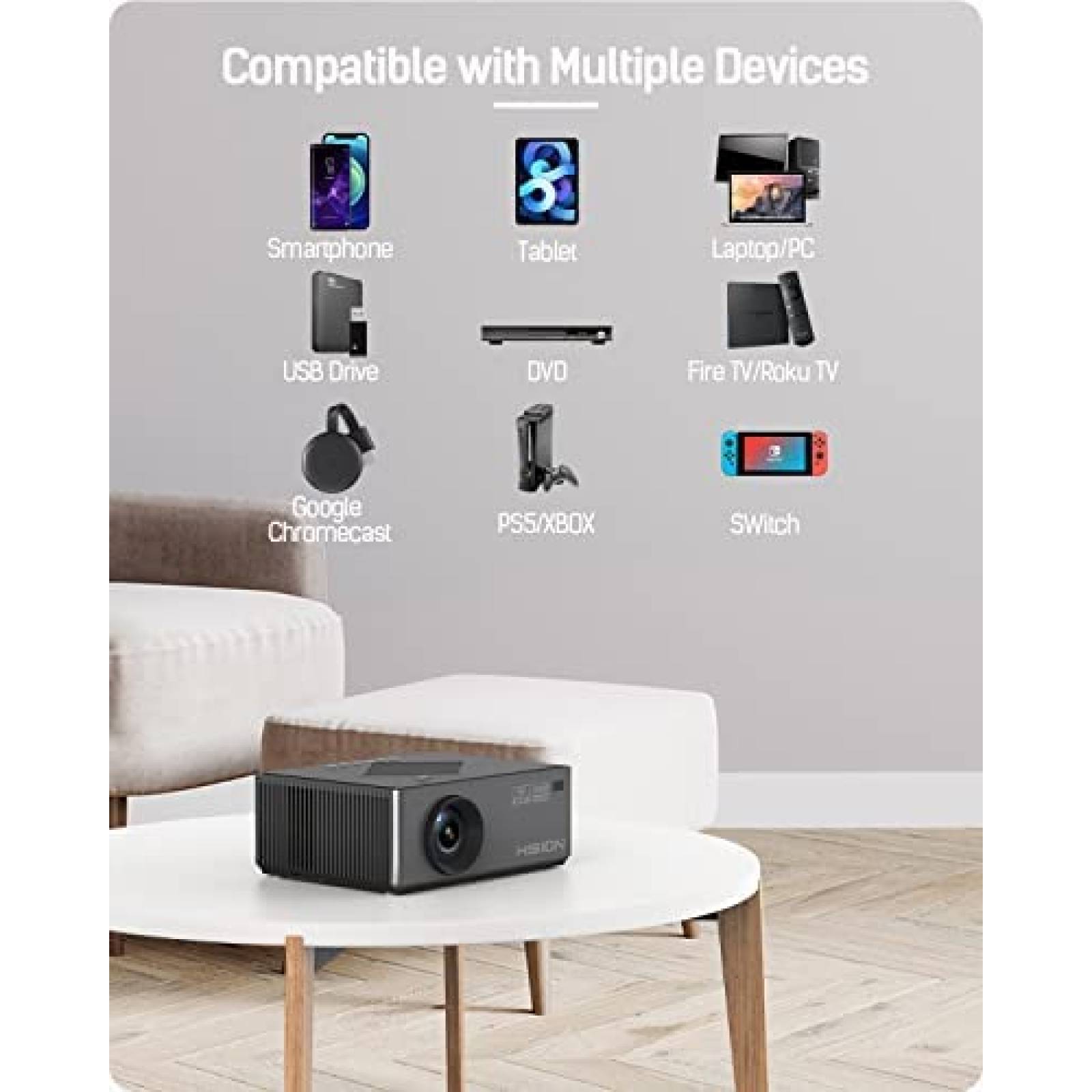 Proyector HISION 1080P 4K WiFi Bluetooth LED USB -Gris