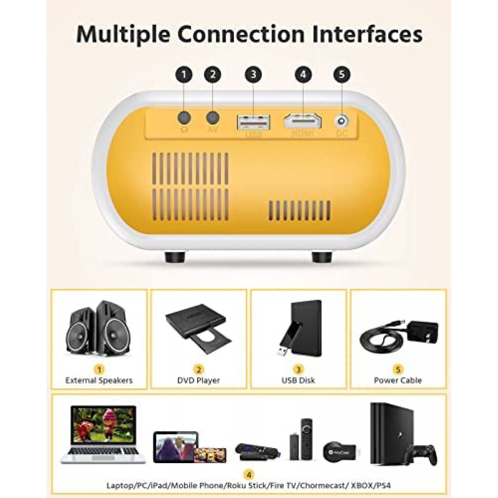 Proyector ARTSEA Mini Portatil FHD 1080P -Amarillo
