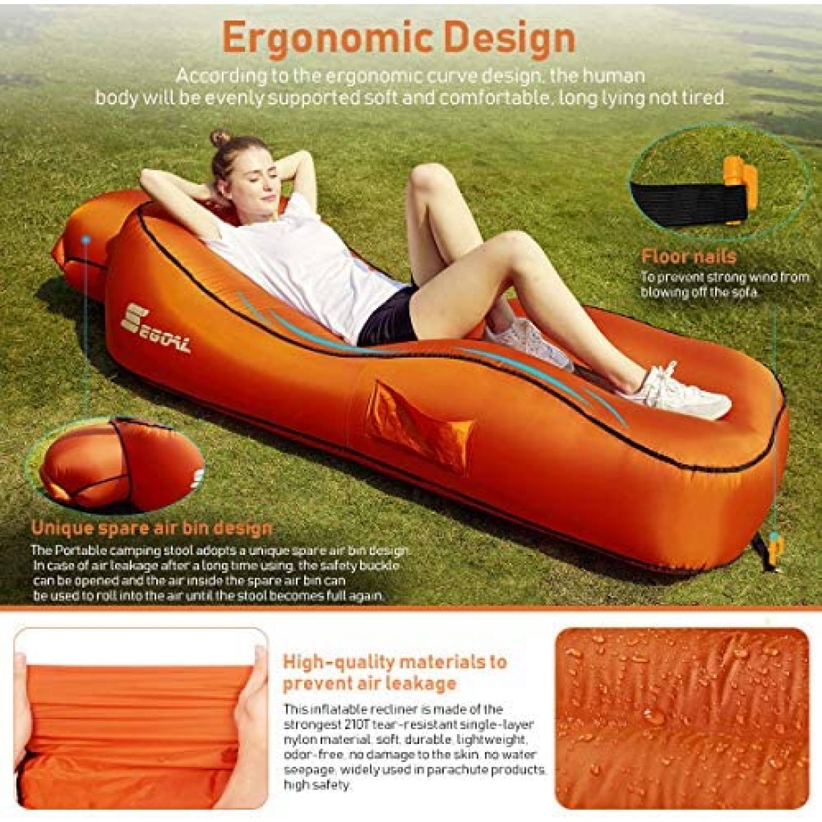 Tumbona Inflable Portatil Segoal 2 Sofas Impermeable Naranja