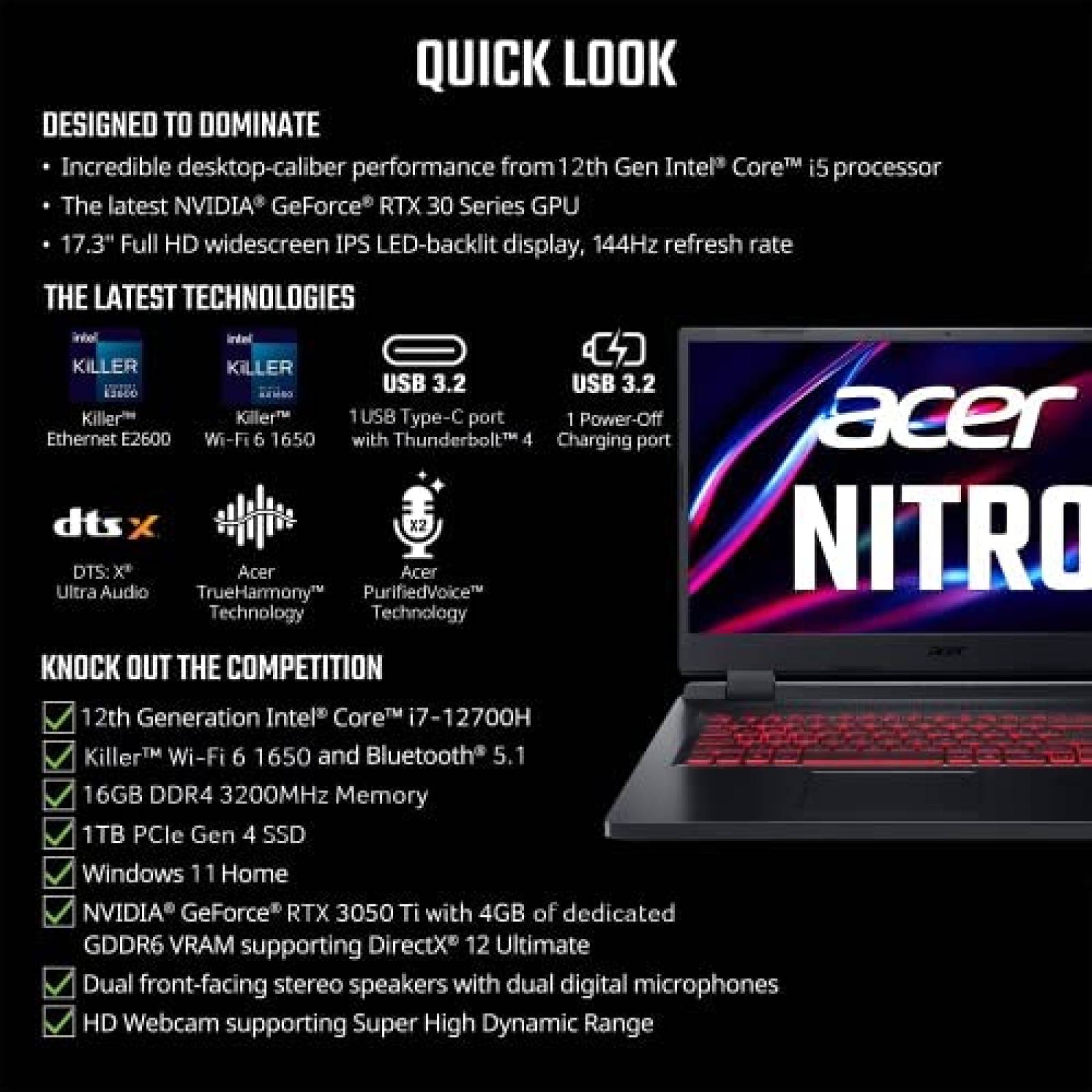 Laptop Gamer Acer Nitro 5 i7-12700H 16GB 1TB RTX 3050 -Negro