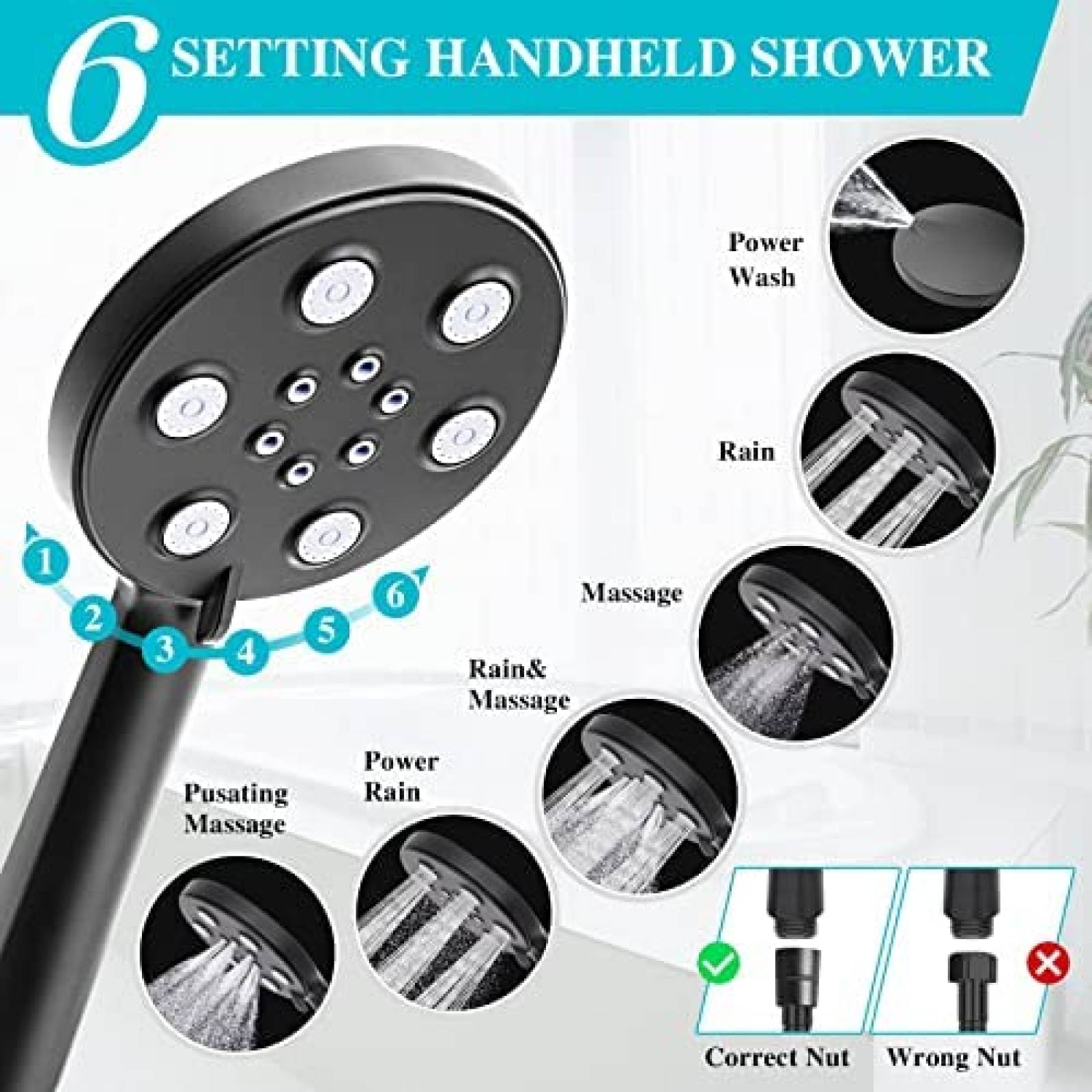 Regadera con Ducha de Mano XaGai 6 Modos Ajustables -Negro