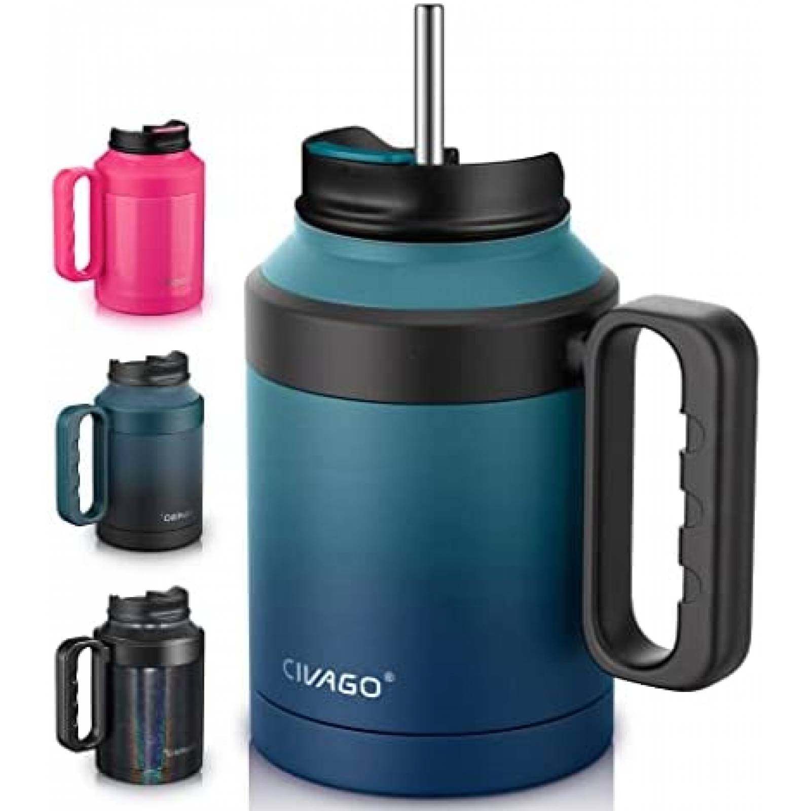 Termo con Popote y Tapa CIVAGO 1.5 Litros Acero Inoxidable