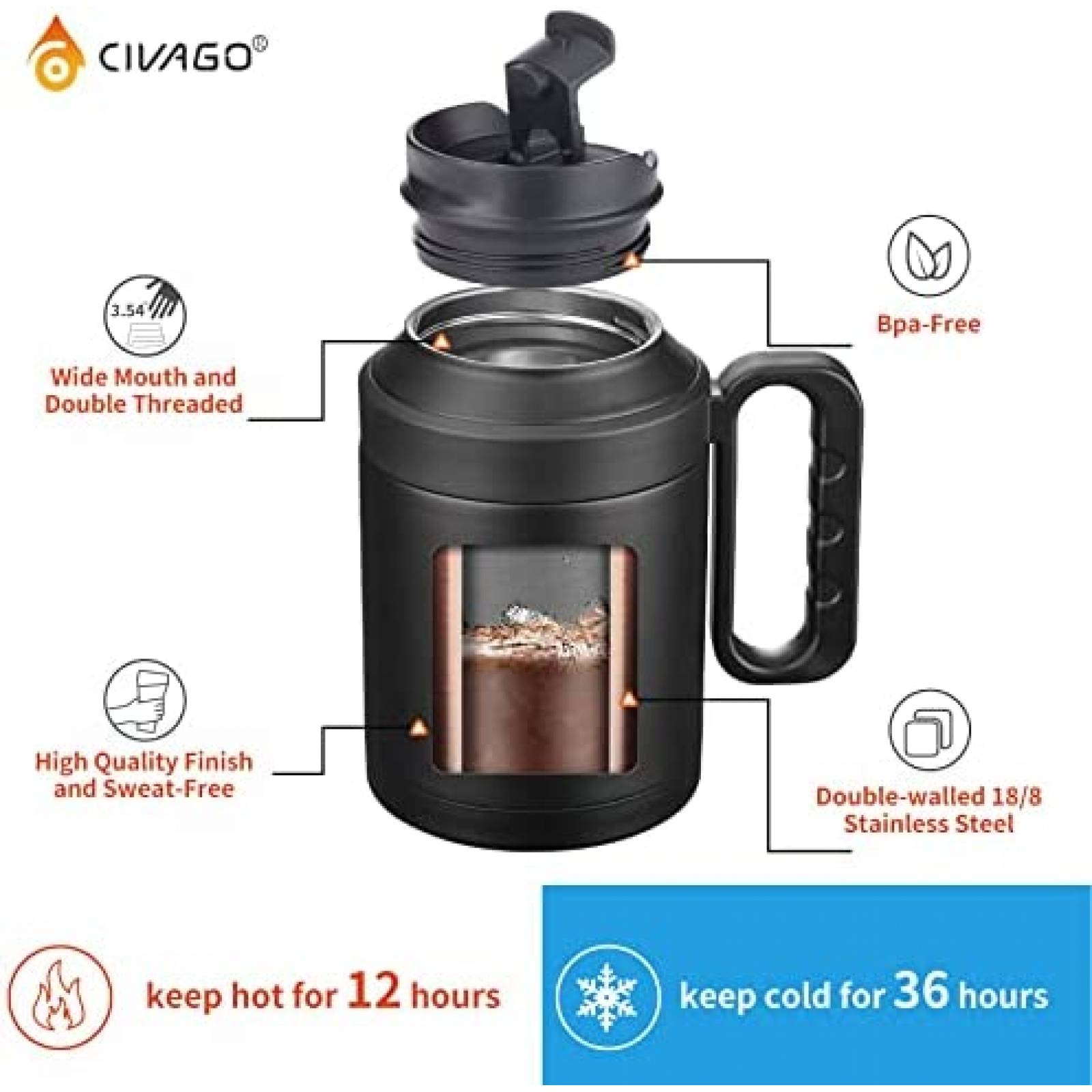 Termo con Popote y Tapa CIVAGO 1.5 Litros Acero Inoxidable