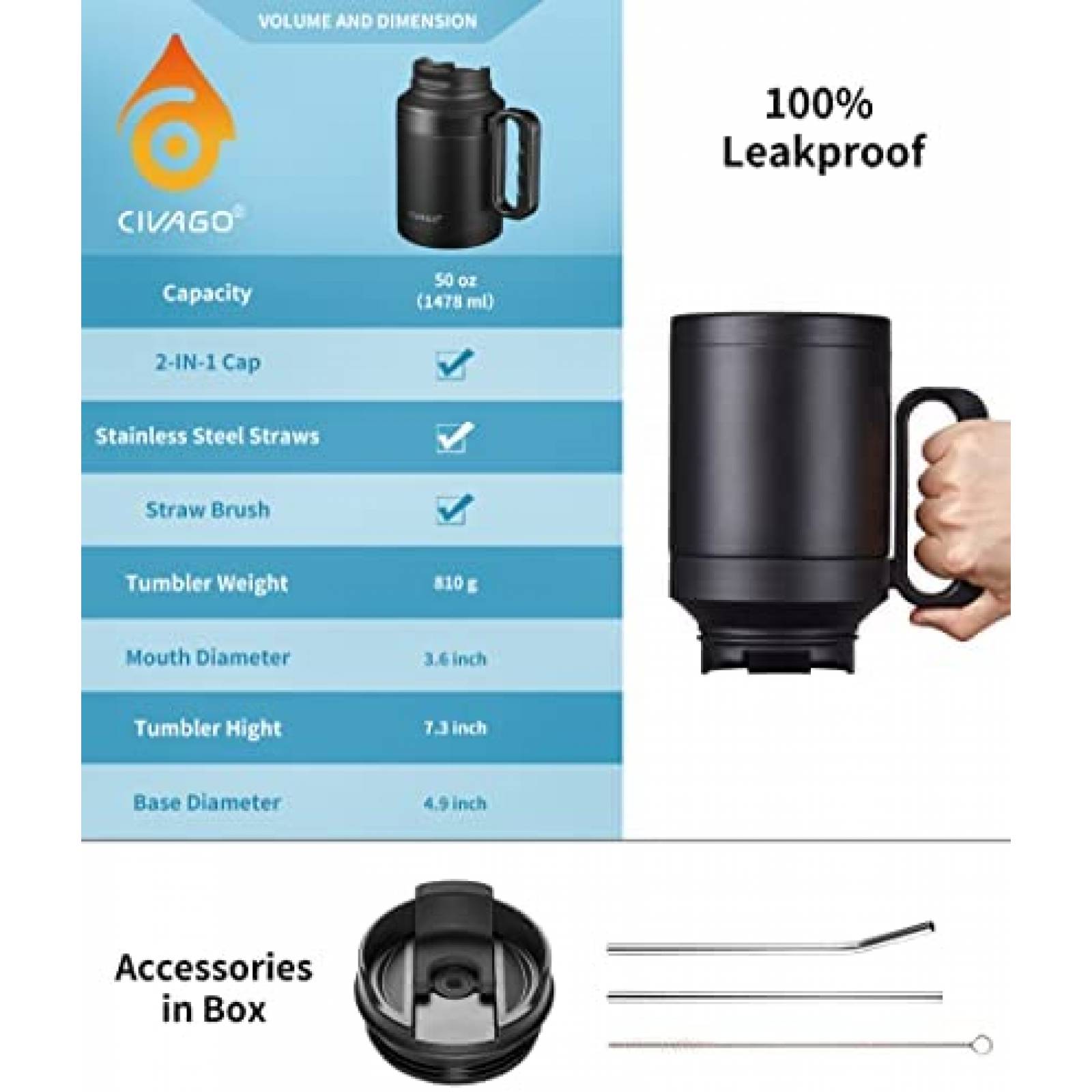 Termo con Popote y Tapa CIVAGO 1.5 Litros Acero Inoxidable