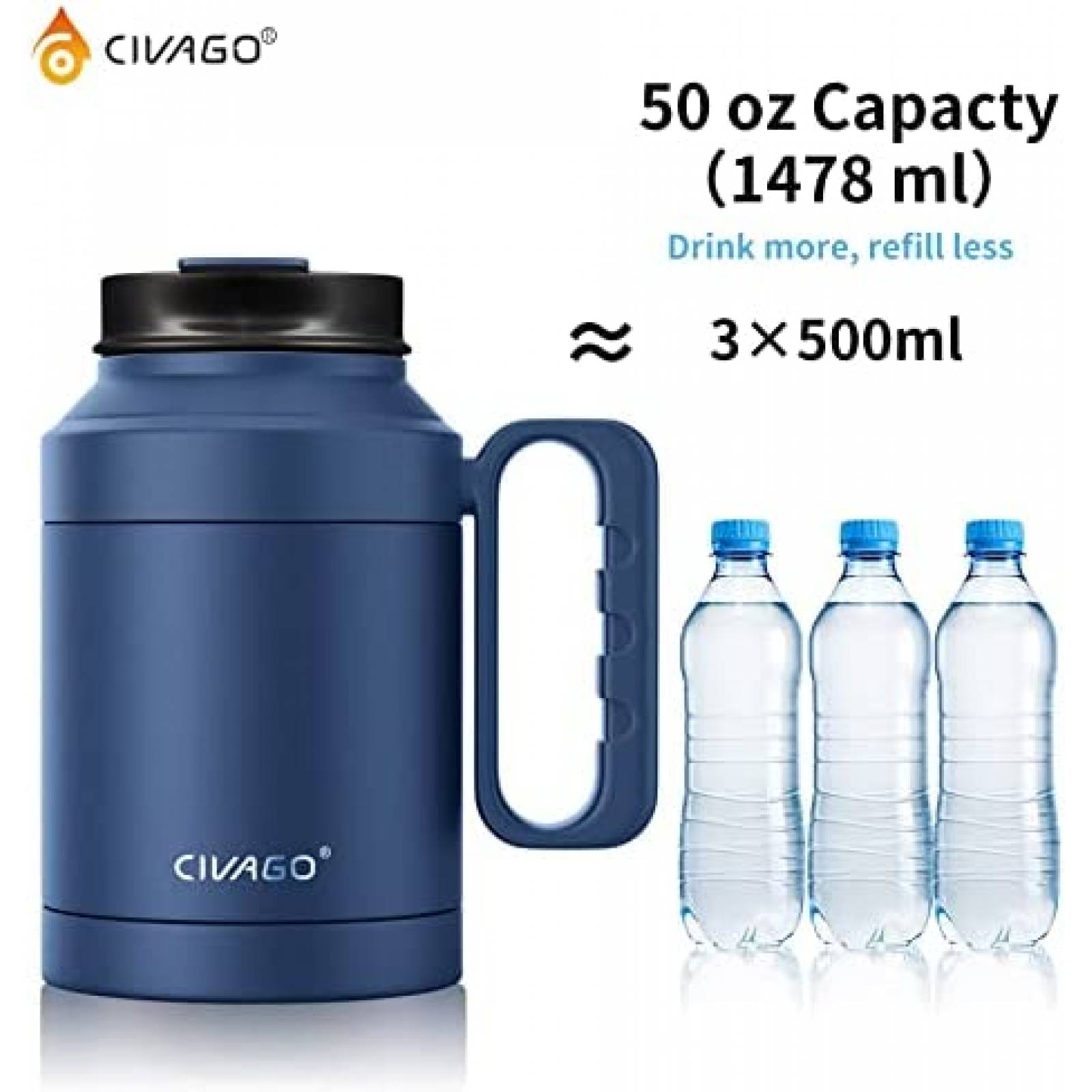 Termo con Popote y Tapa CIVAGO 1.5 Litros Acero Inoxidable