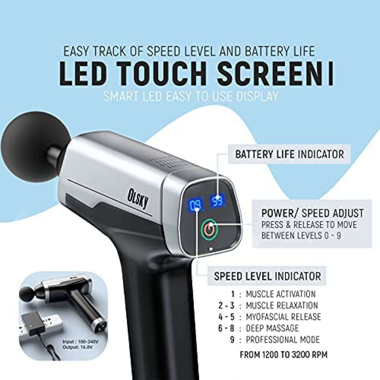 Pistola de Masaje Olsky 9 Velocidades Electrica 12 Cabezas