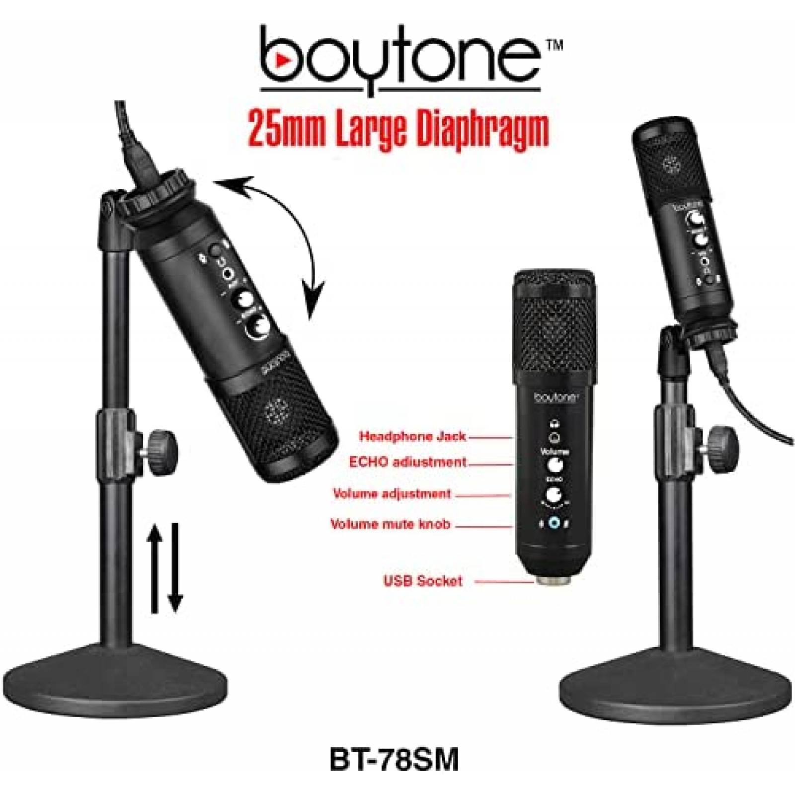 Microfono Unidireccional Boytone BT-78SM con Soporte -Negro