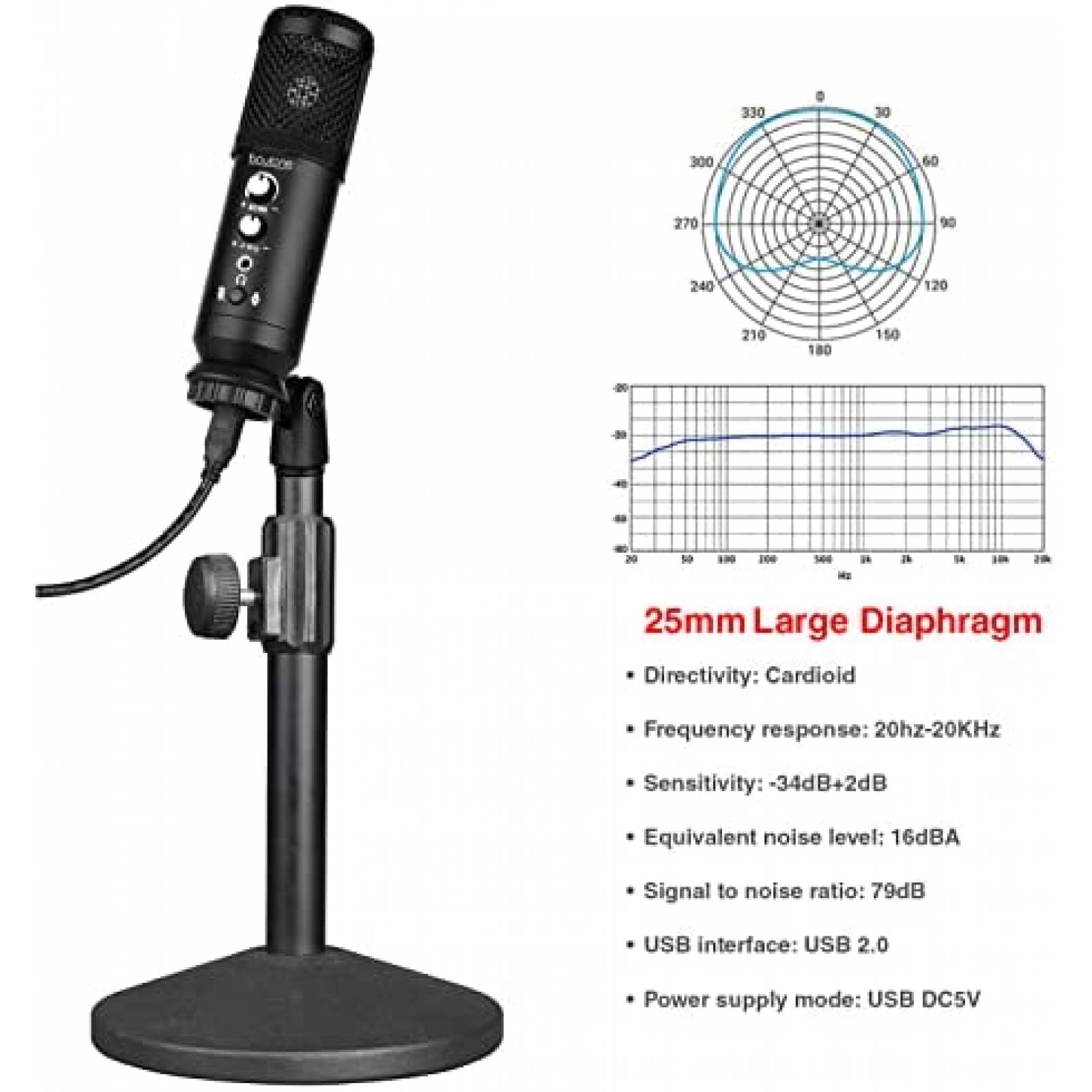 Microfono Unidireccional Boytone BT-78SM con Soporte -Negro