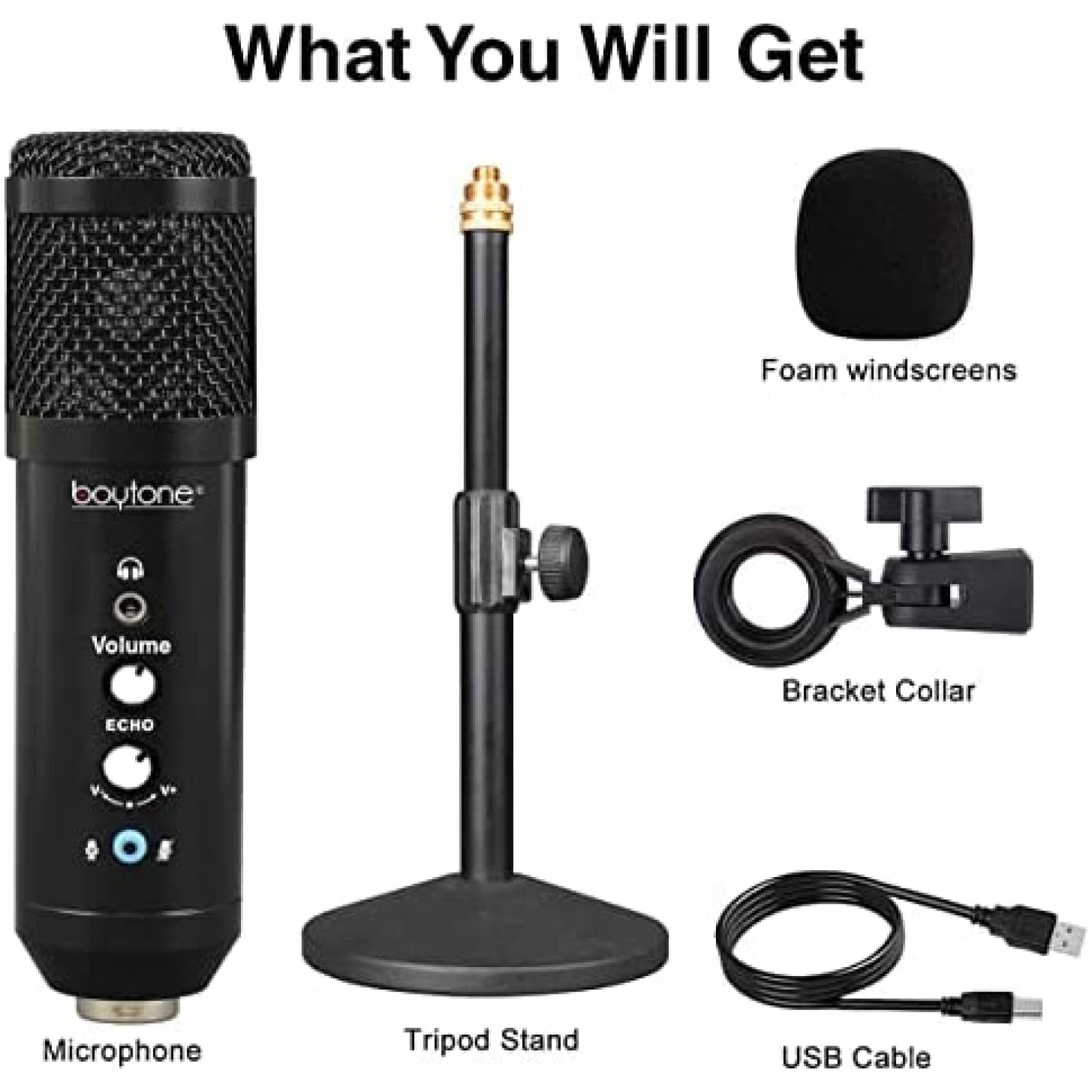 Microfono Unidireccional Boytone BT-78SM con Soporte -Negro
