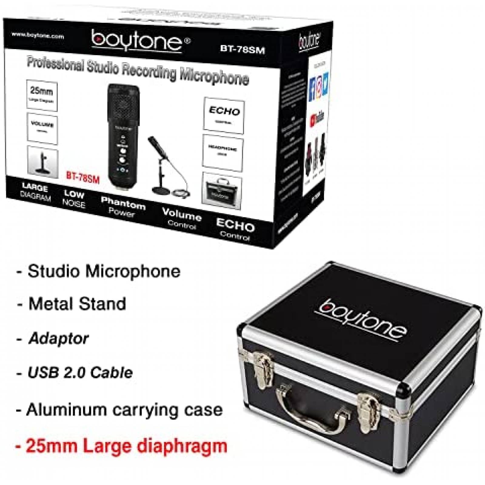 Microfono Unidireccional Boytone BT-78SM con Soporte -Negro