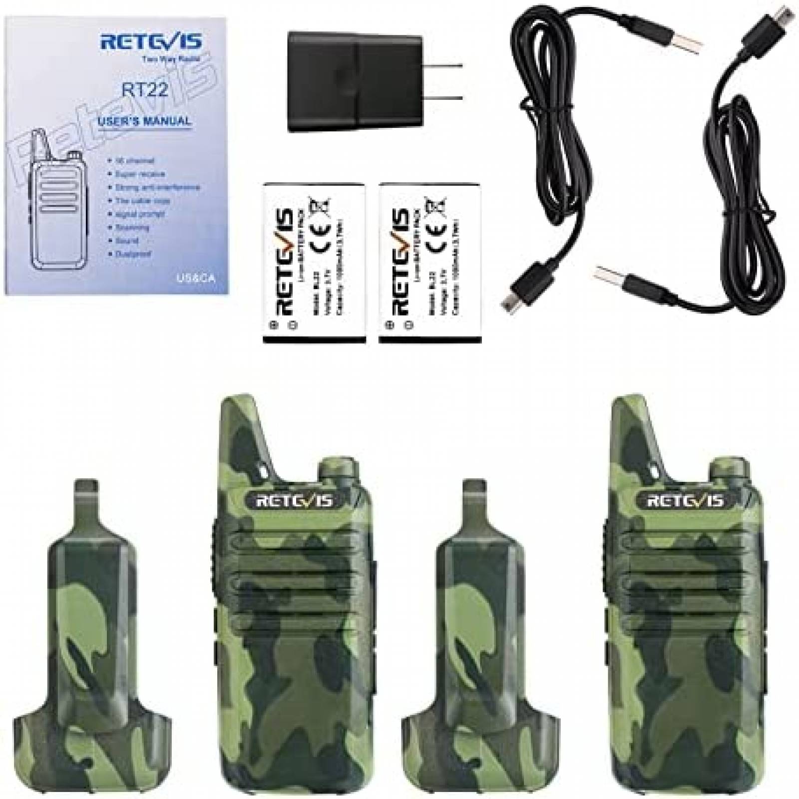 Kit 4 Radios Retevis RT22 Walkie Talkies Recargable -Verde