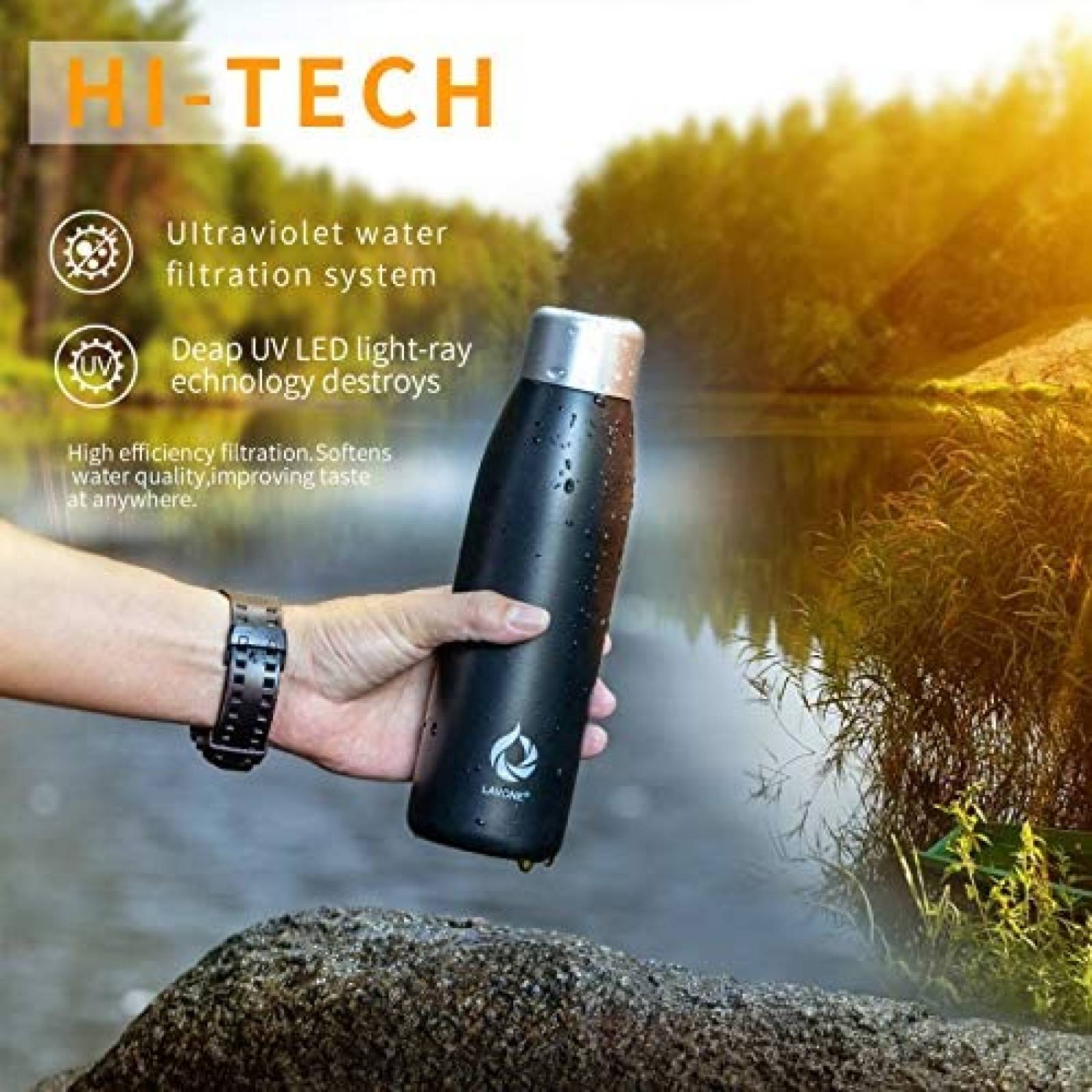 Termo Autolimpiante LAVONE de 18 Onzas Acero -Negro