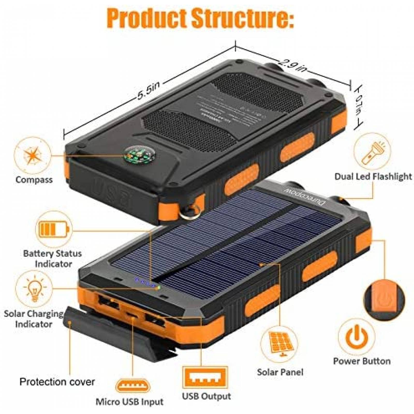 Cargador Solar Durecopow 20000 mAh Portatil -Naranja