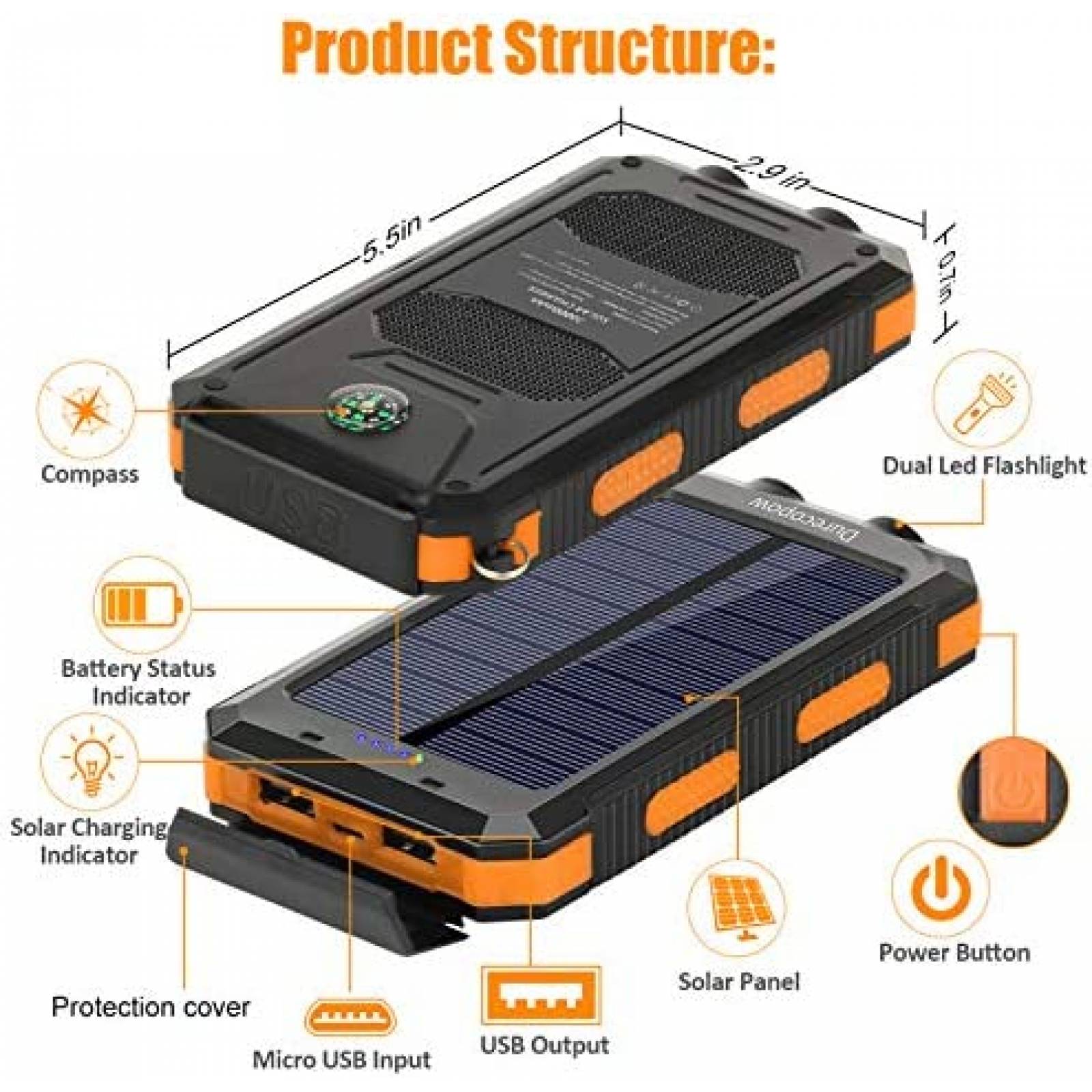 Batería Portátil Powerbank Solar de 20000 MAH fabricado de