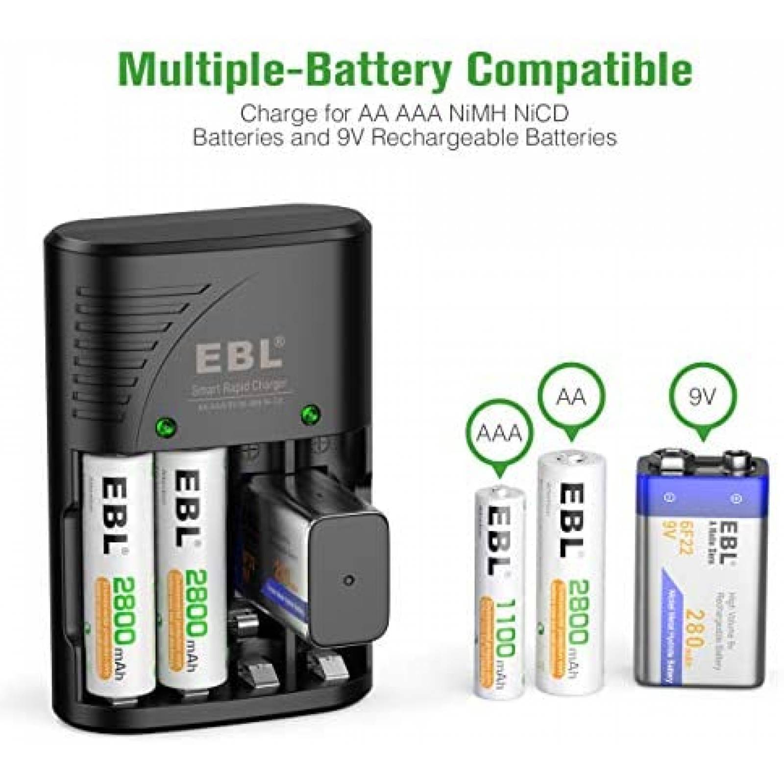 Cargador EBL Con Baterias Recargables AA 2800mAh -Negro