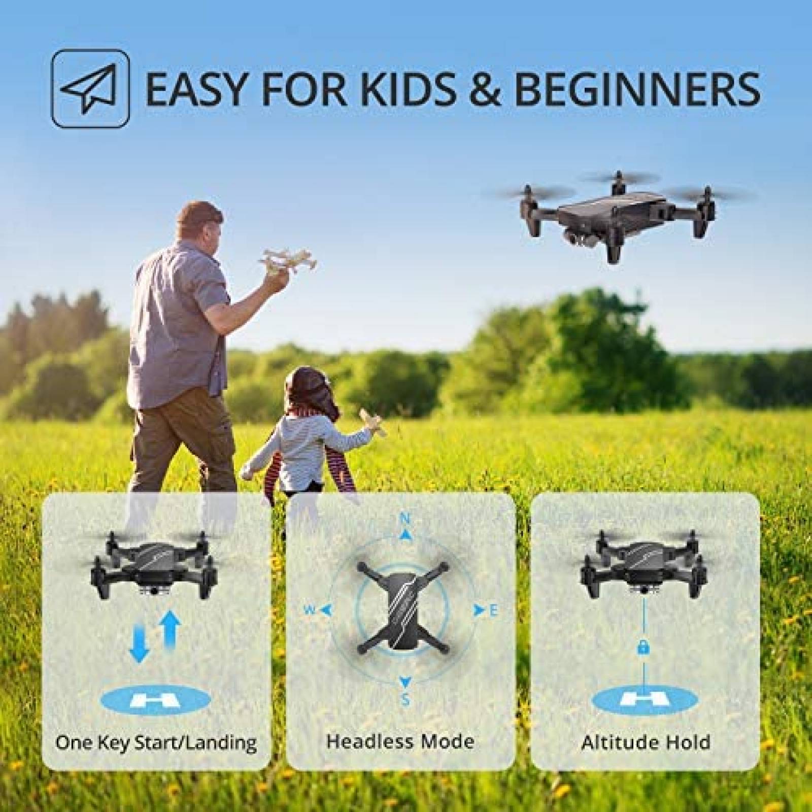 Mini Dron para Niños DEERC D20 720p HD 2 Baterias - Negro