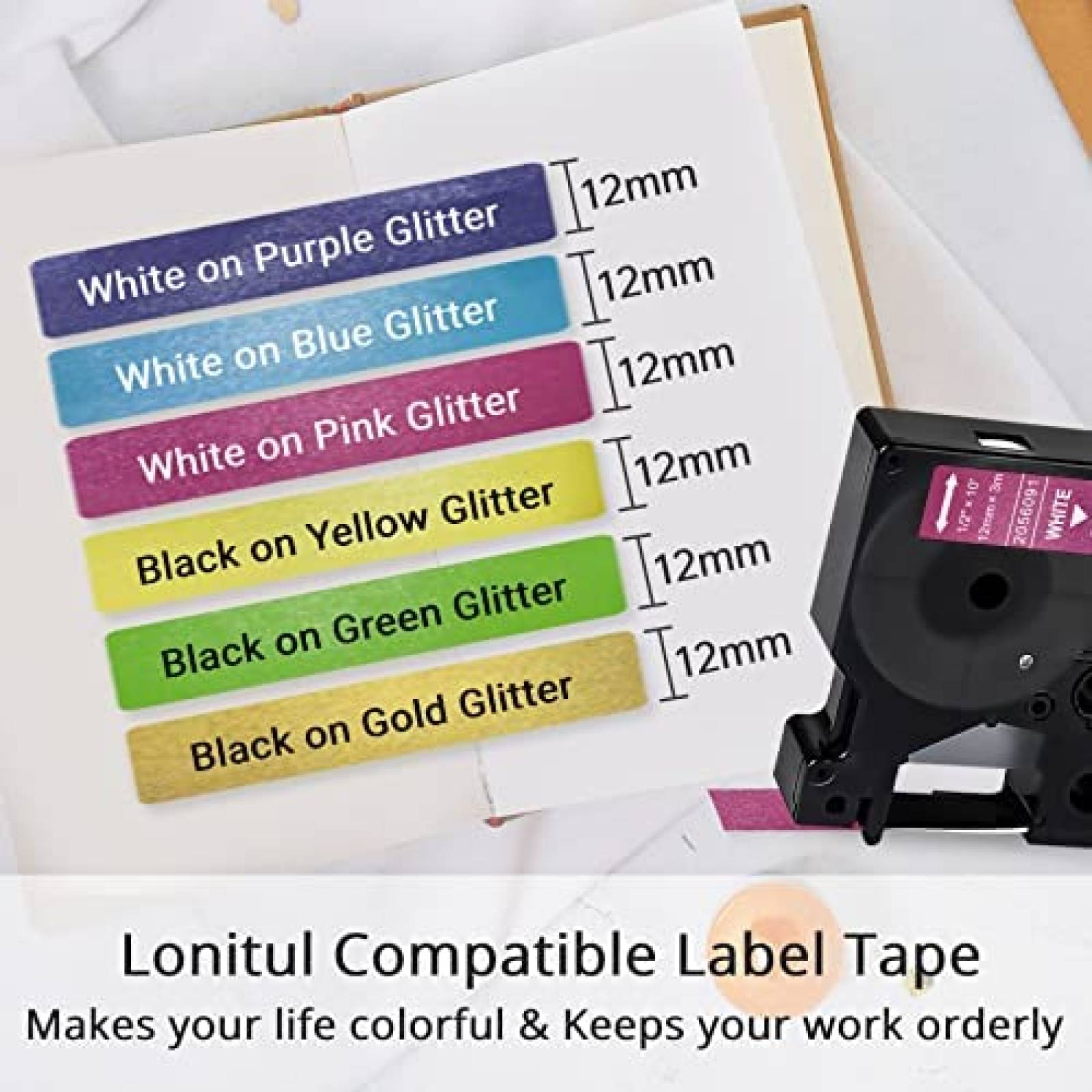 Cinta Etiquetas Lonitul D1-COLOR-6P 12mm Compatible -Negro