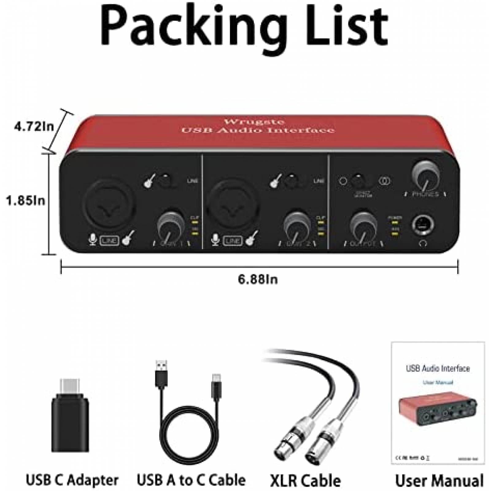 Interfaz de Audio Wrugste 2i2 con Entrada MIDI y XLR -Rojo