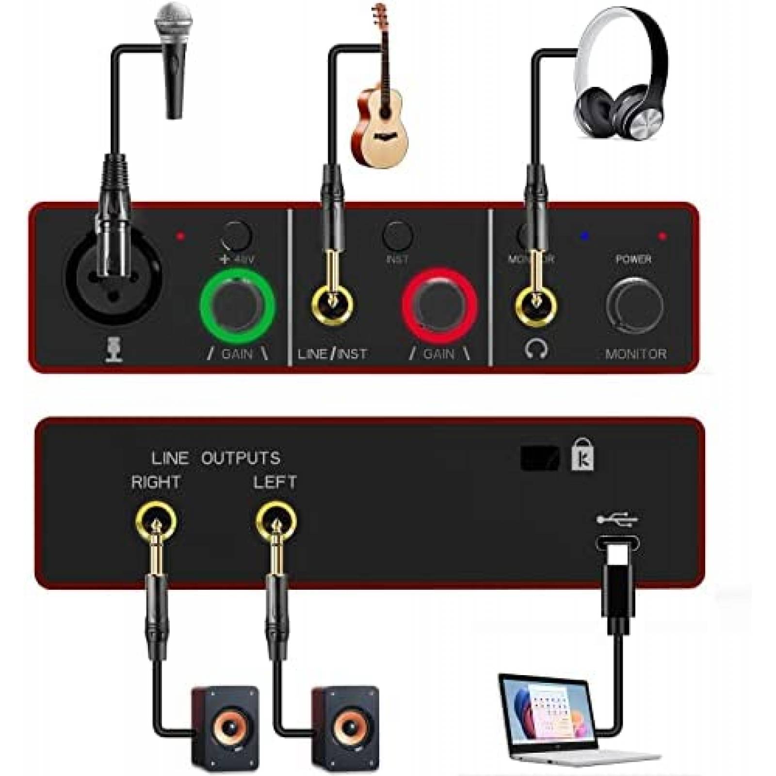 Interfaz de Audio Wrugste 2i2 de Entrada XLR -Rojo