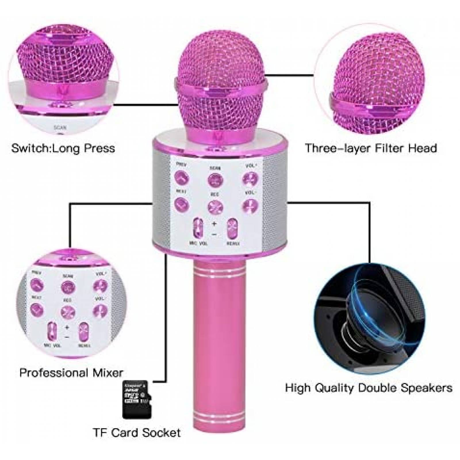 MIcrofono Bluetooth Keyian de Karaoke para Niños -Rosa