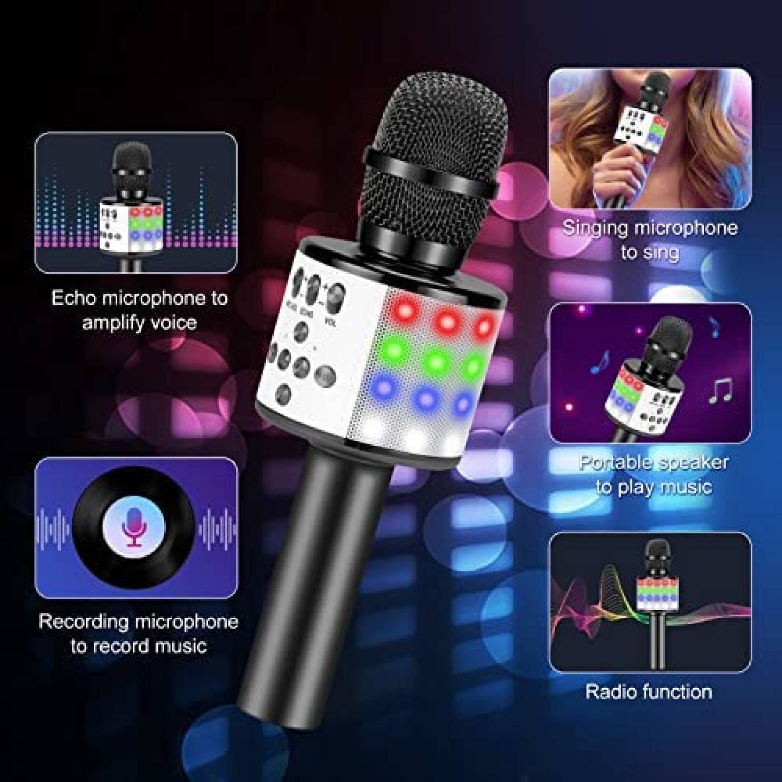 Microfono de Karaoke para Niños Anitiate con Luz LED -Negro