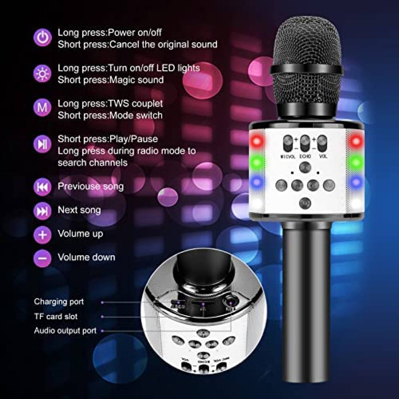 Microfono de Karaoke para Niños Anitiate con Luz LED -Negro