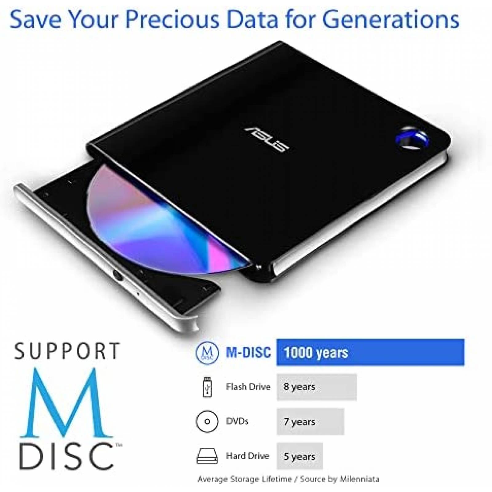 Unidad de Bluray Externa ASUS SBW-06D5H-U con Soporte M-Disc