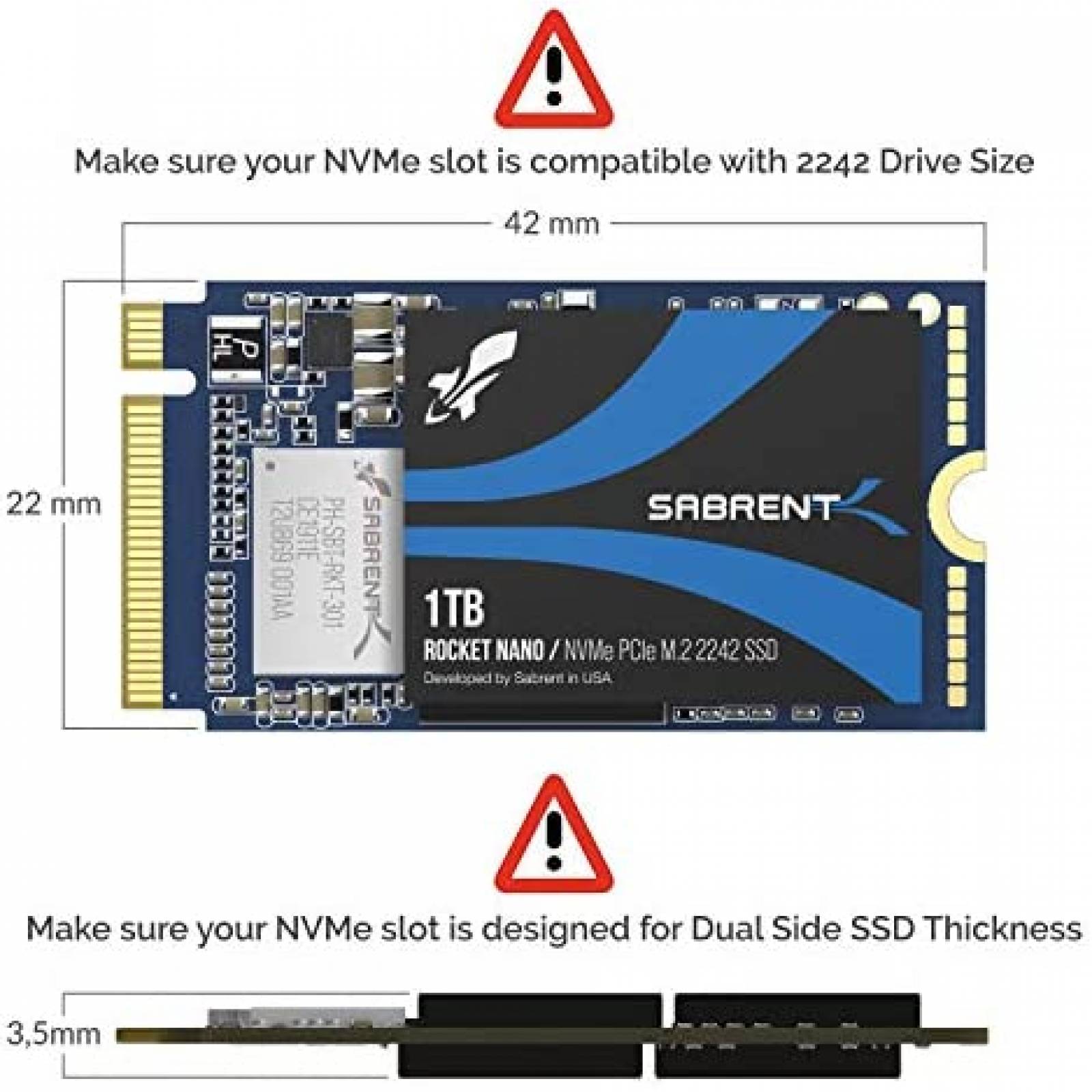 Disco SSD M.2 SABRENT Rocket Nano 1TB NVMe PCIe 2242 -Negro