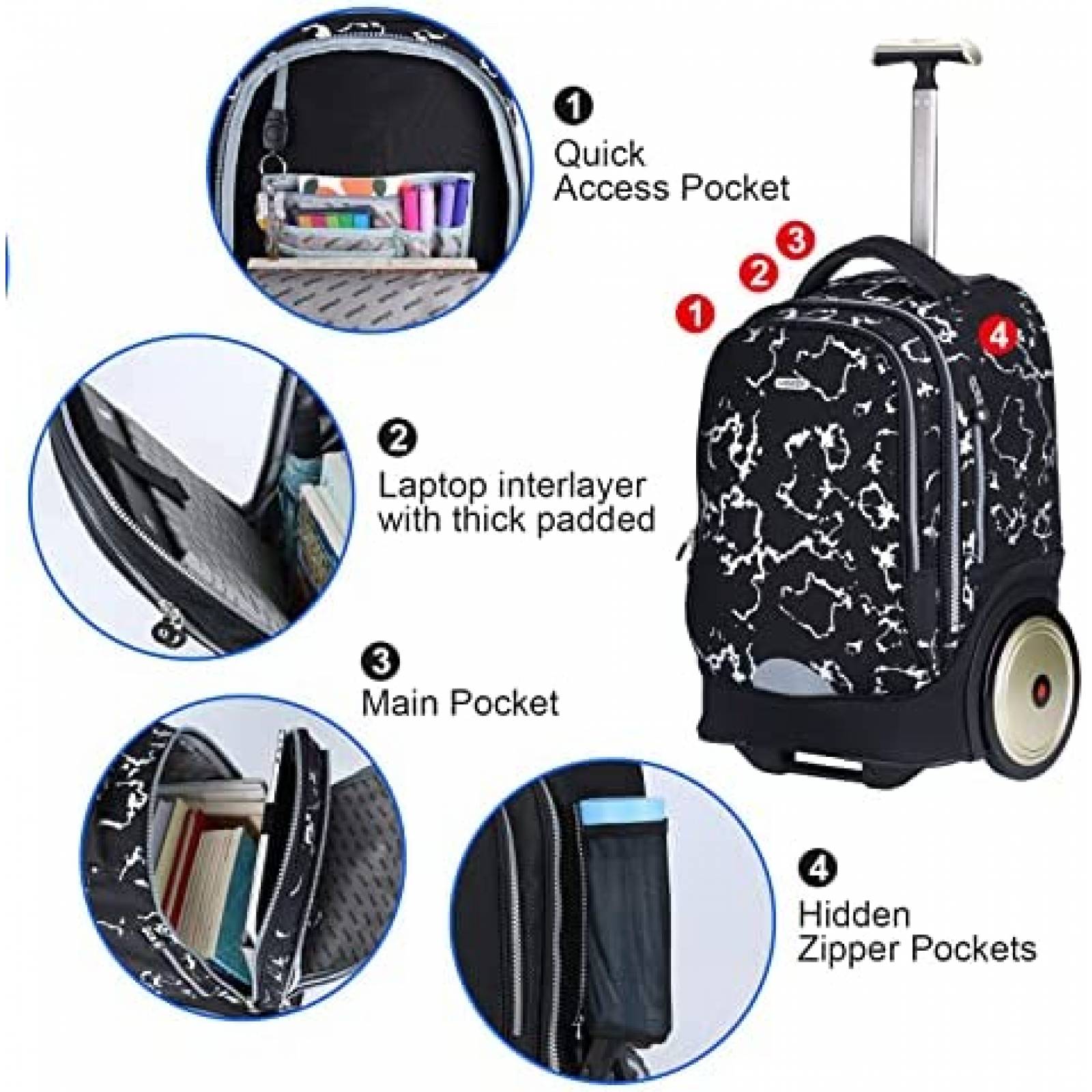 Mochila de Viaje UNIKER para Niños con Ruedas Escolar -Negro