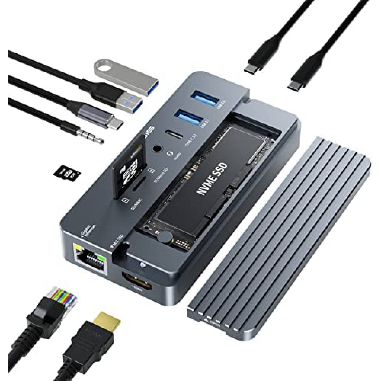 Hub USB ACASIS 10 en 1 Caja SSD M.2 NVME HDMI LAN 100W -Gris