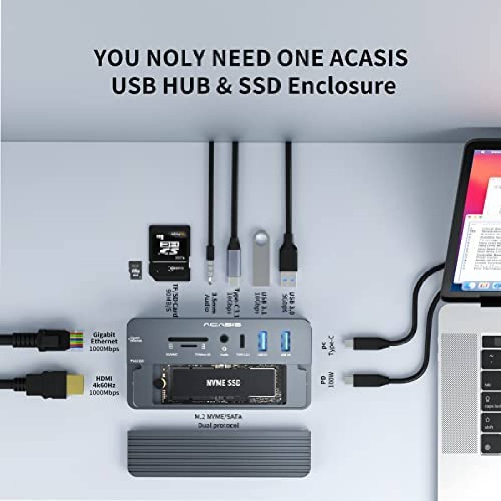 Hub USB ACASIS 10 en 1 Caja SSD M.2 NVME HDMI LAN 100W -Gris