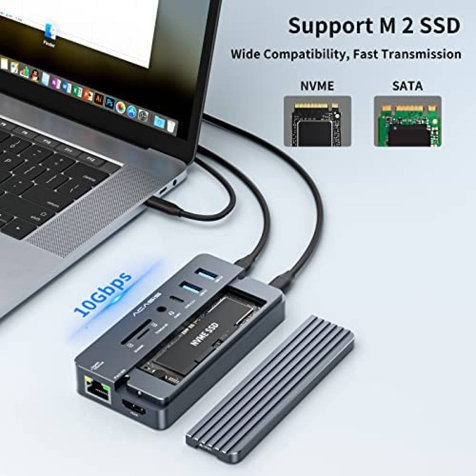Hub USB ACASIS 10 en 1 Caja SSD M.2 NVME HDMI LAN 100W -Gris