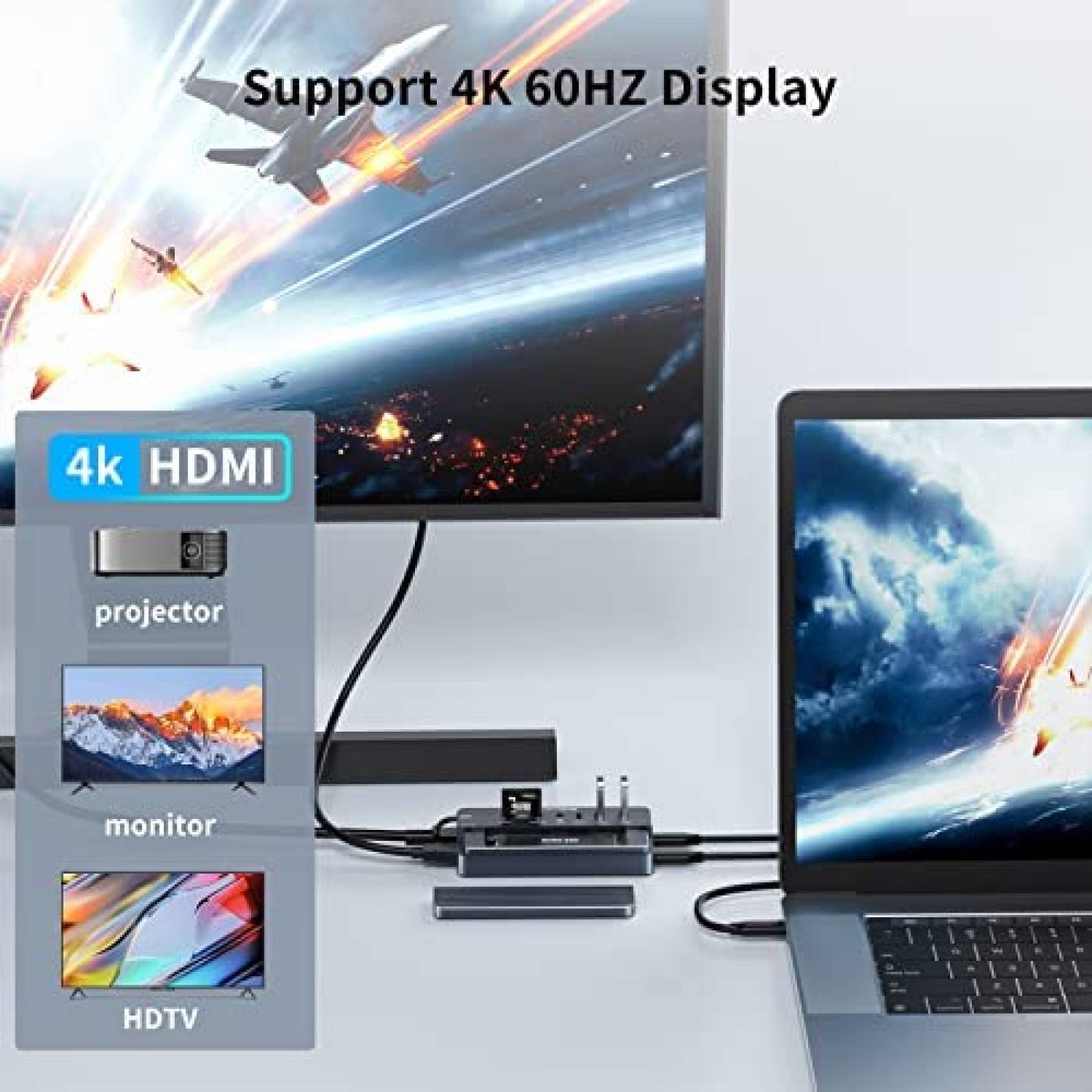 Hub USB ACASIS 10 en 1 Caja SSD M.2 NVME HDMI LAN 100W -Gris