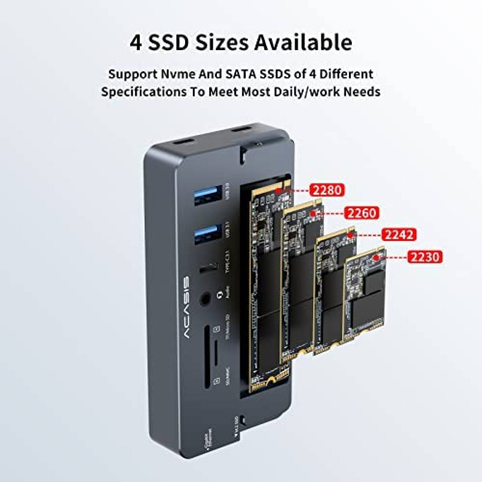 Hub USB ACASIS 10 en 1 Caja SSD M.2 NVME HDMI LAN 100W -Gris