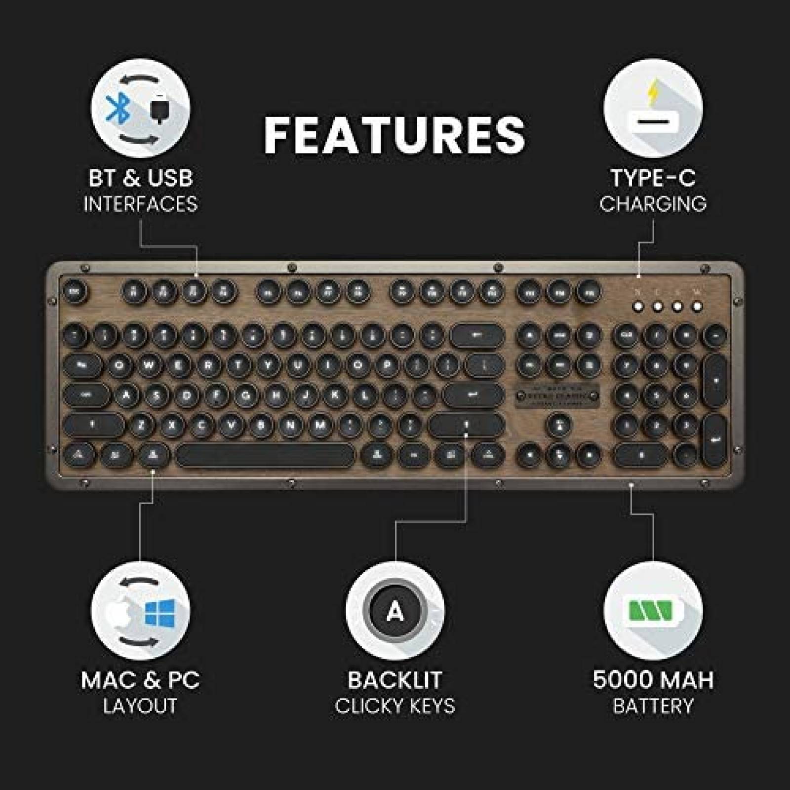 Teclado Retro AZIO Bluetooth Mecanico Ergonomico -Cafe