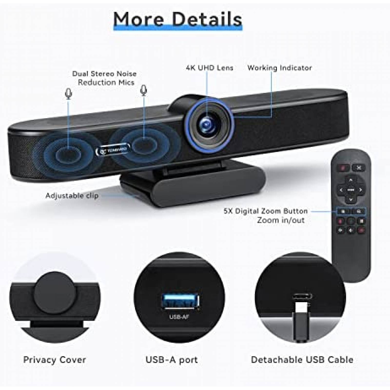 Webcam TONGVEO 5x Digital Zoom con Bocina y Microfono -Negro