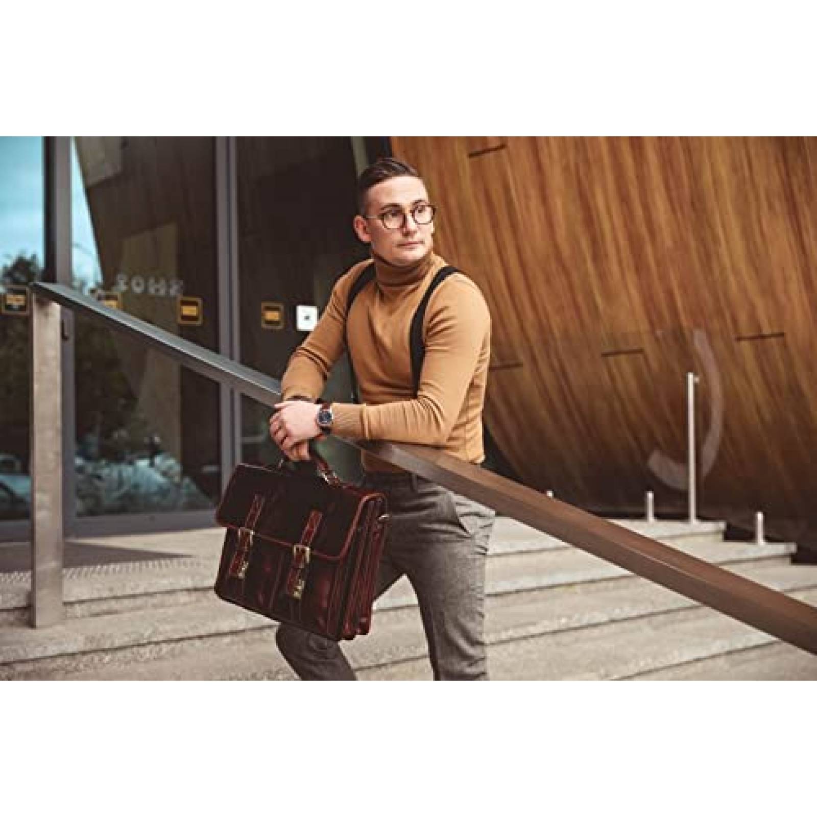 Maletin Time Resistance De Cuero Para Hombre Laptop -Cafe