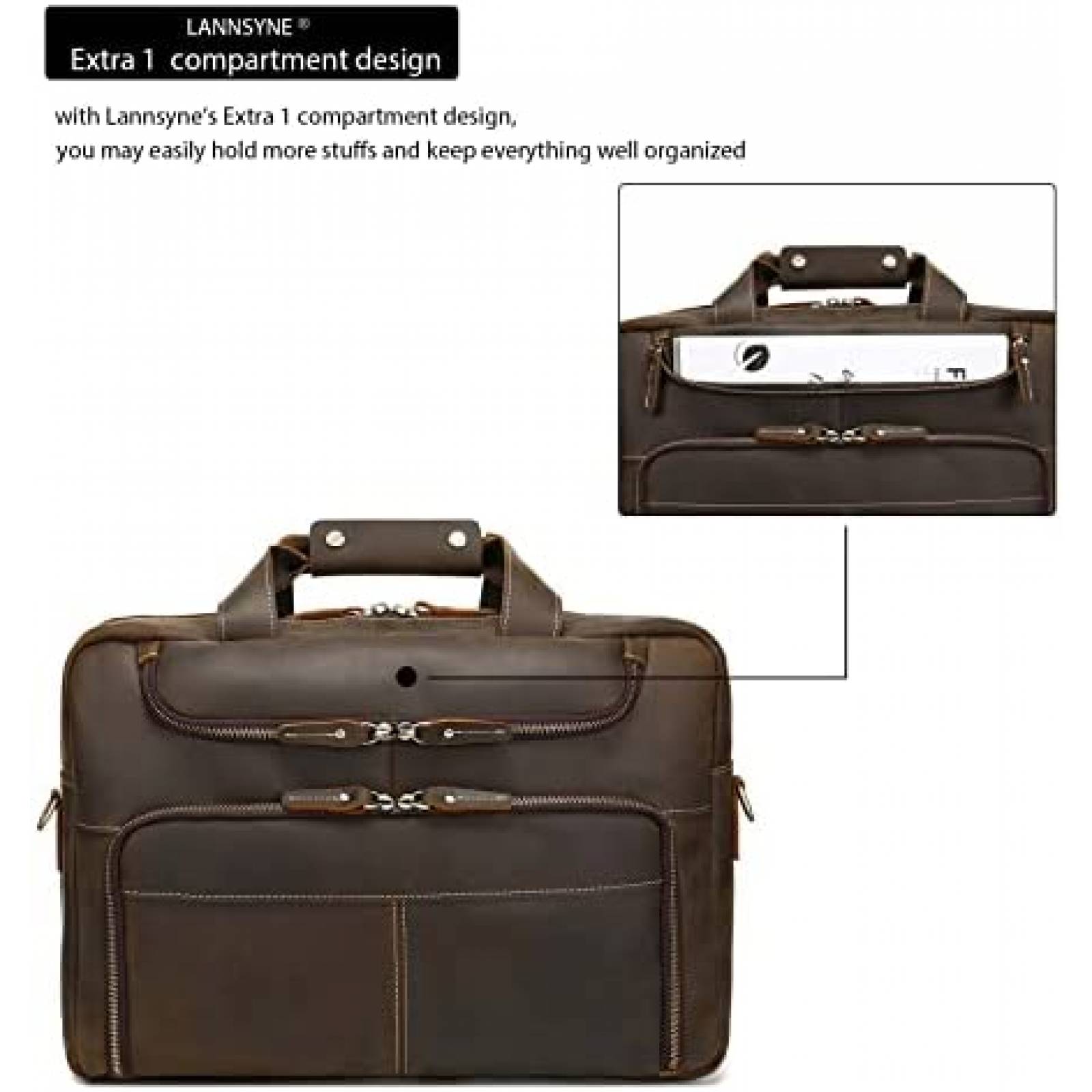 Maletin Lannsyne De Cuero Para Hombre Laptop 17'' -Cafe