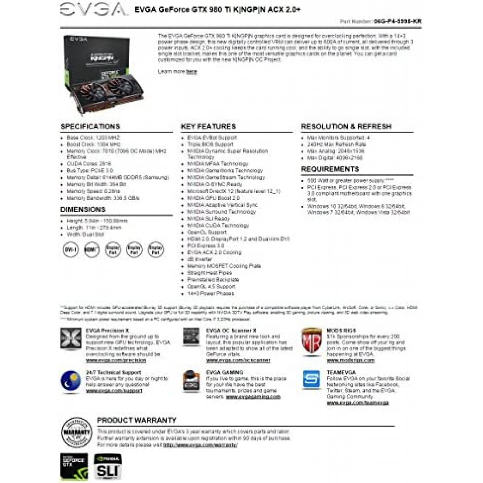 Tarjeta Grafica EVGA GeForce GTX 980 Ti 6GB K|NGP|N -Negro