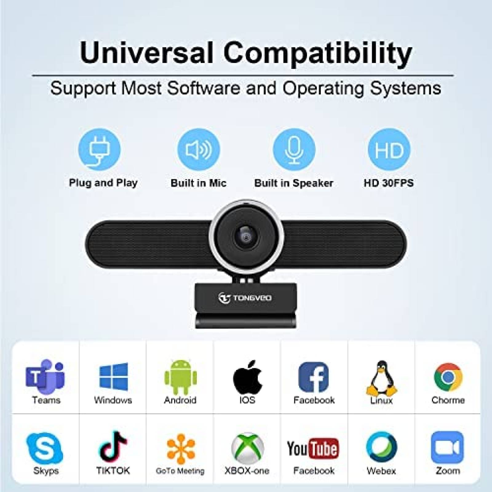 Webcam TONGVEO 4K HDR Con Zoom 1080P Microfono -Negro