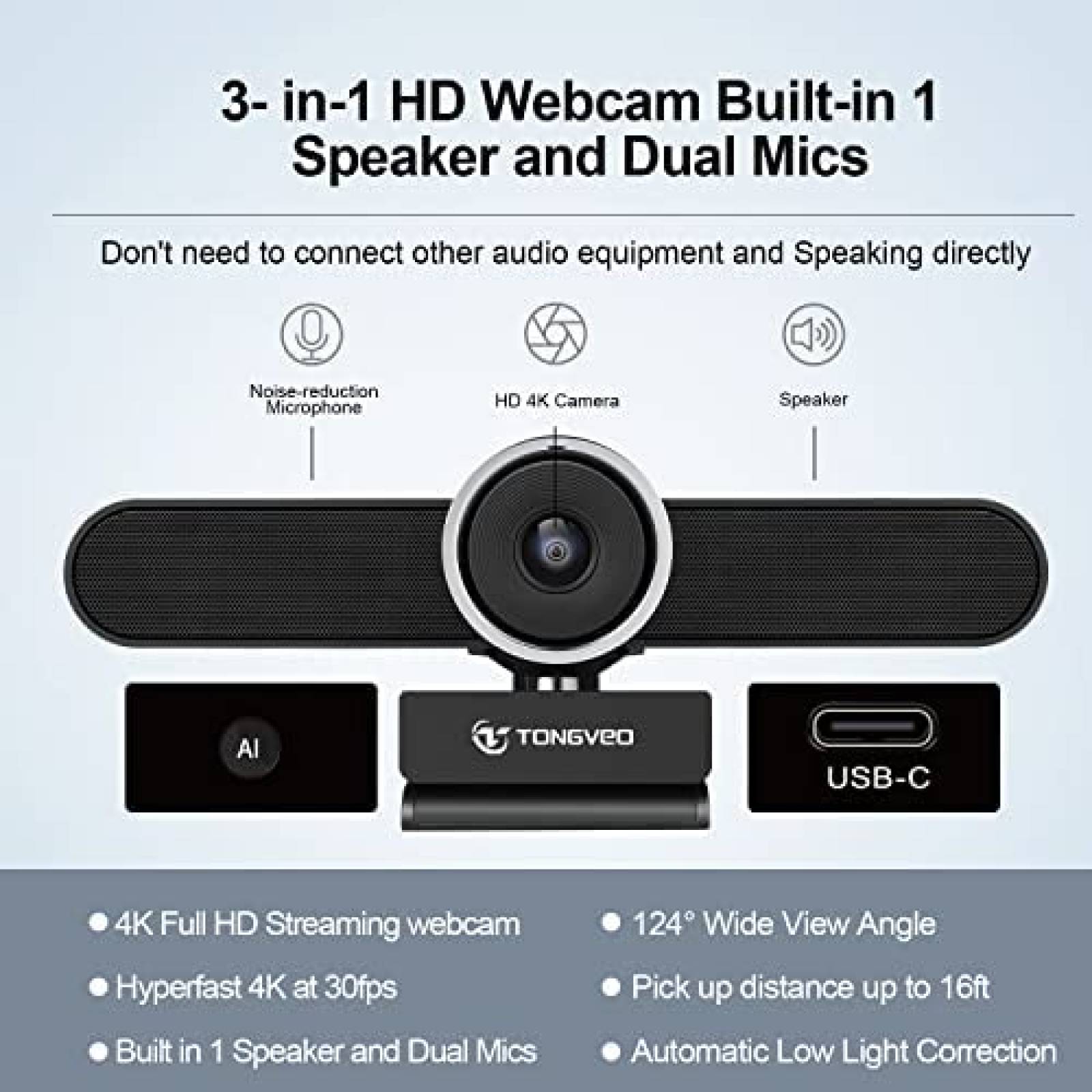 Webcam TONGVEO 4K HDR Con Zoom 1080P Microfono -Negro